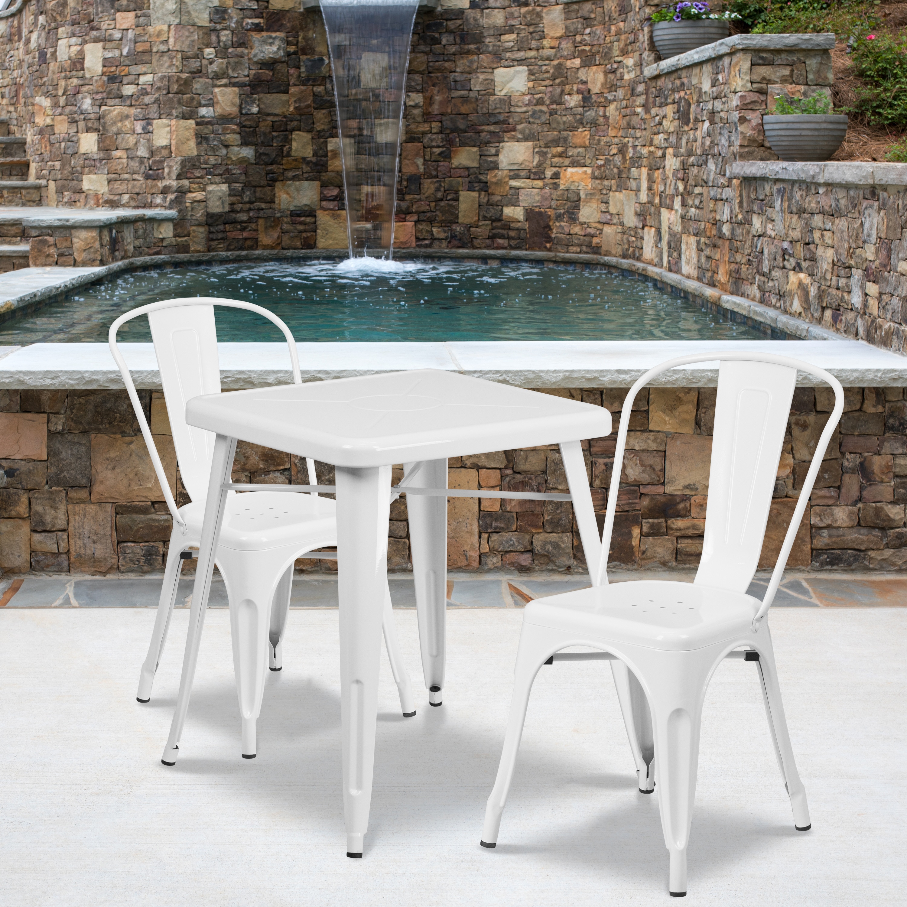Flash Furniture 889142024736 Owen Commercial Grade 23.75-in Square White Metal Indoor-Outdoor Table Set with 2 Stack Chairs