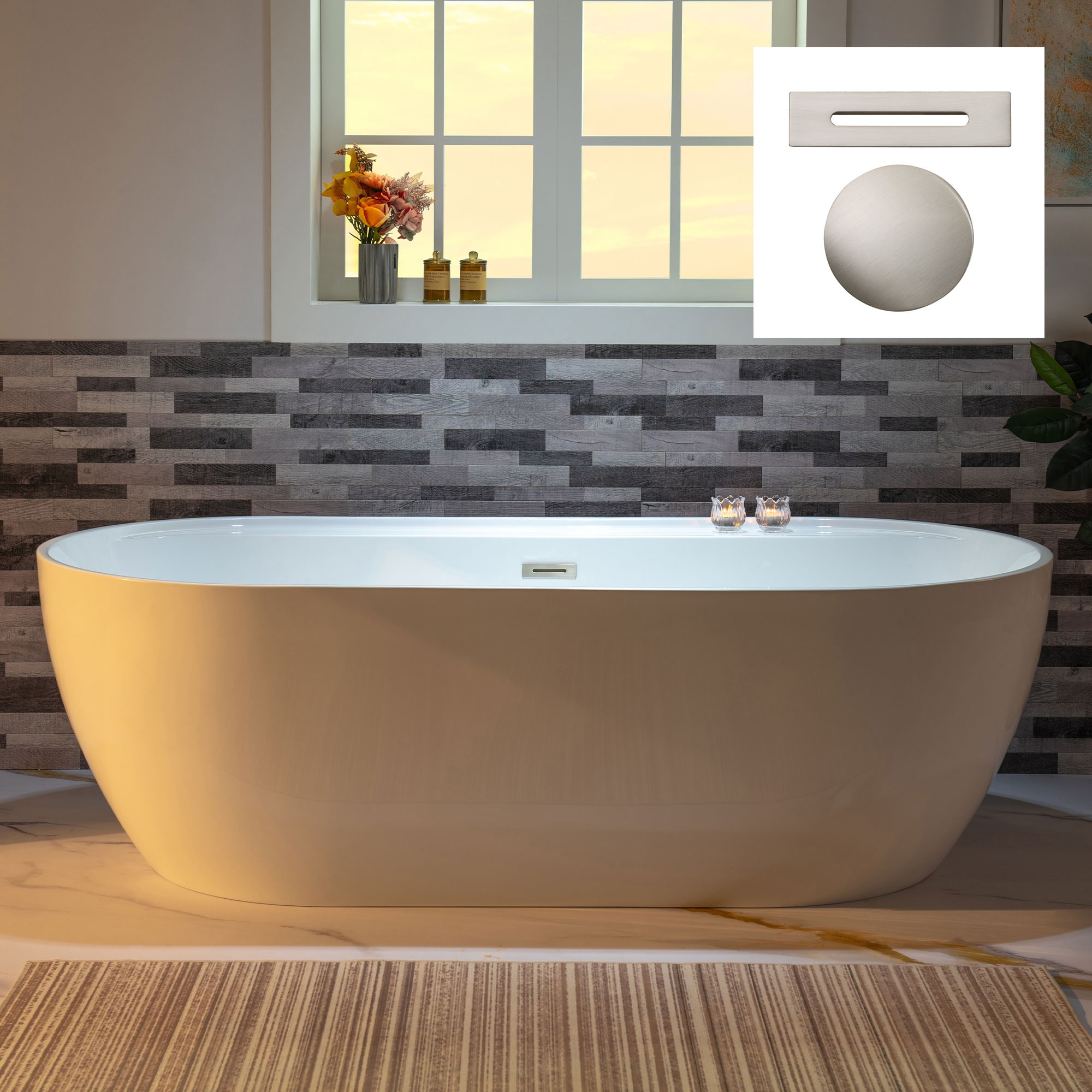 Woodbridge LB274 Sayreville 35.37-in x 72-in White with Brushed Nickel Trim Acrylic Oval Freestanding Soaking bathtub with Drain ( Center Drain )