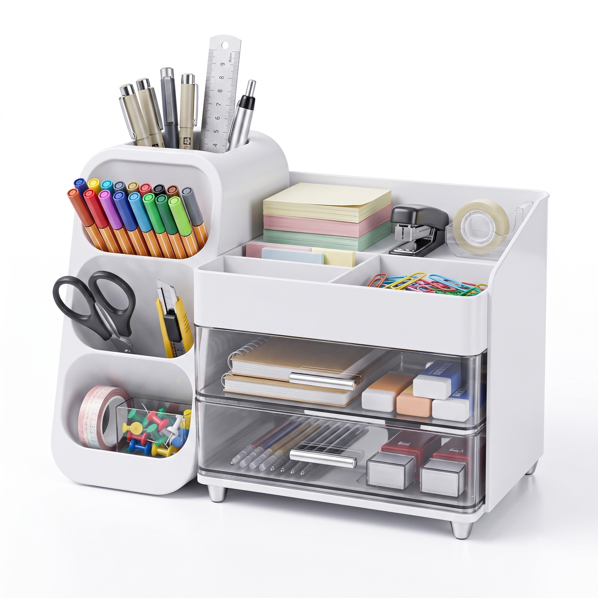 Garvee - Large Capacity Desk Organizer with 2 Clear Drawers Pen Holder 35cm Black Desktop Storage...