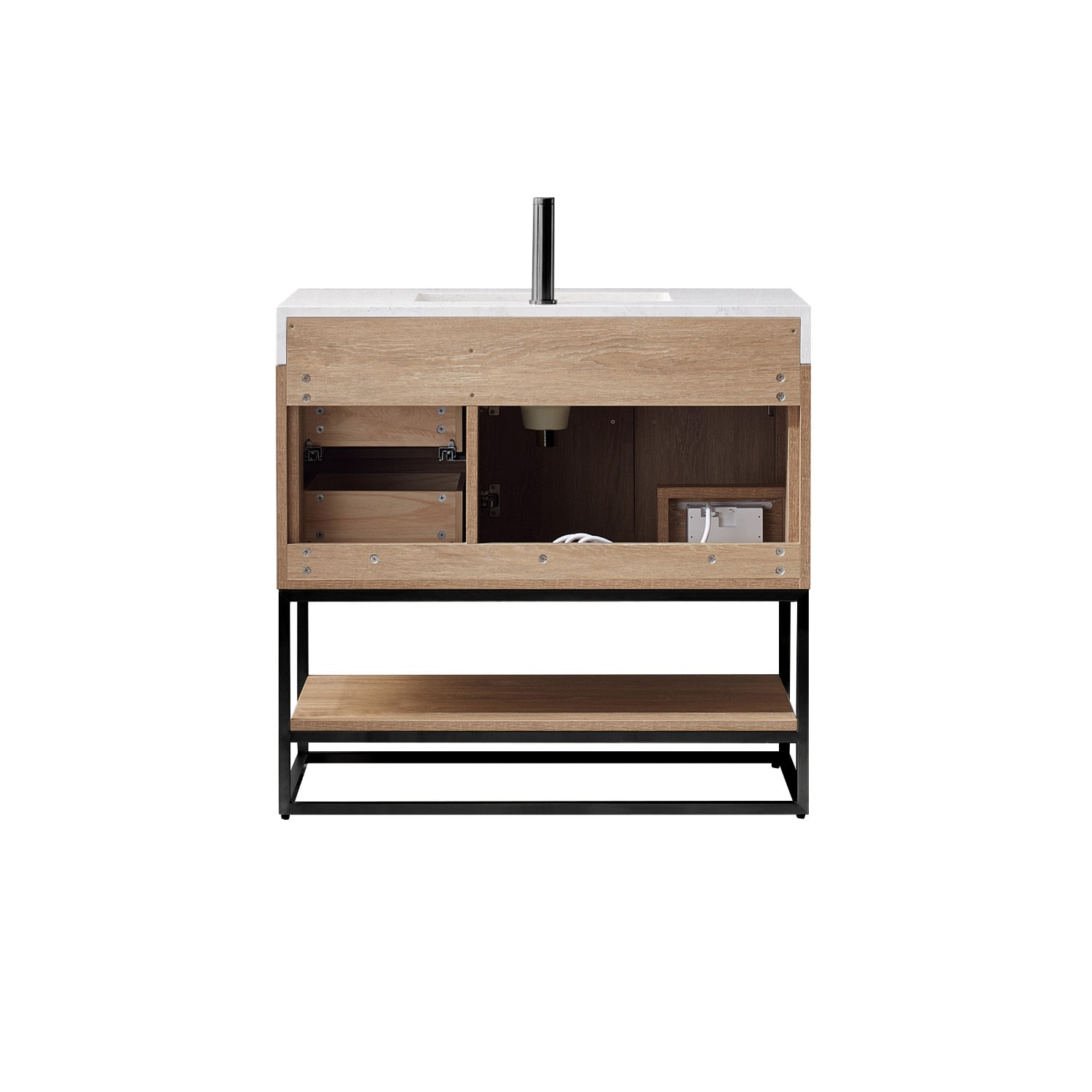 Alistair 36" Oak Single Vanity with White Stone Top and Matte Black Frame