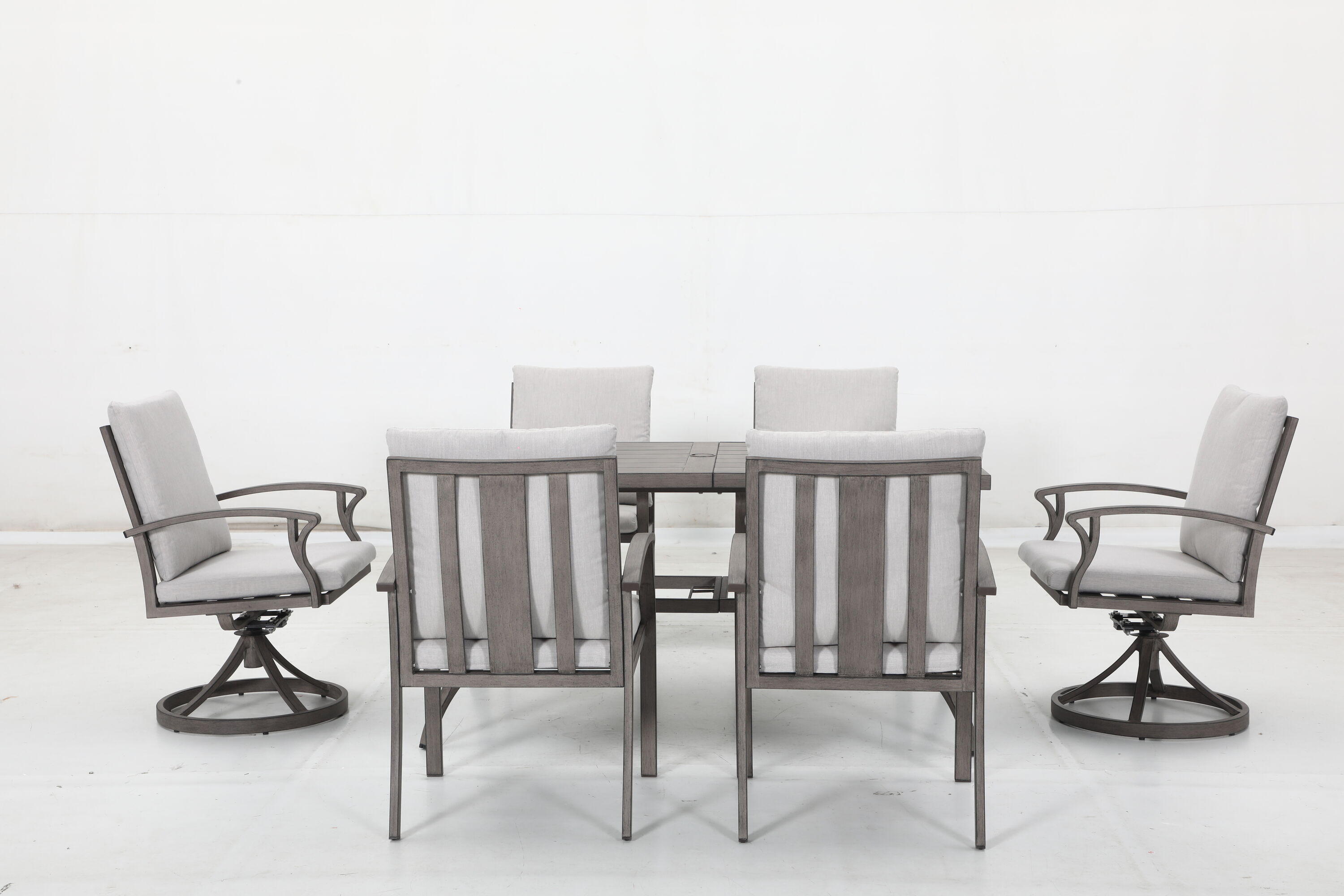 CikaCika L168059A 7 -Piece Gray Patio Dining Set Aluminum Rectangle Table with 6 Beige Cushions Stationary and Motion Chairs