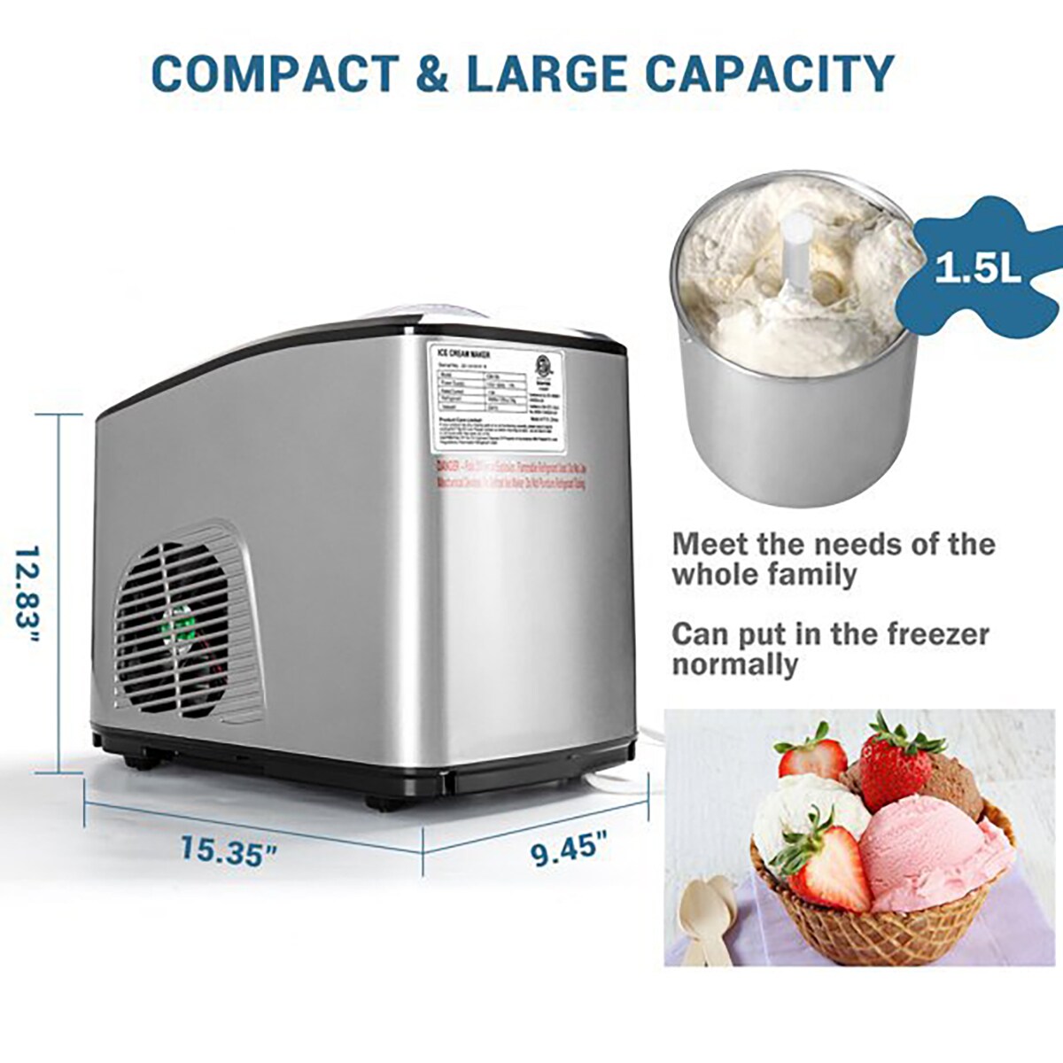 Mini Ice Cream Maker, 1.2L Freezing Bowl