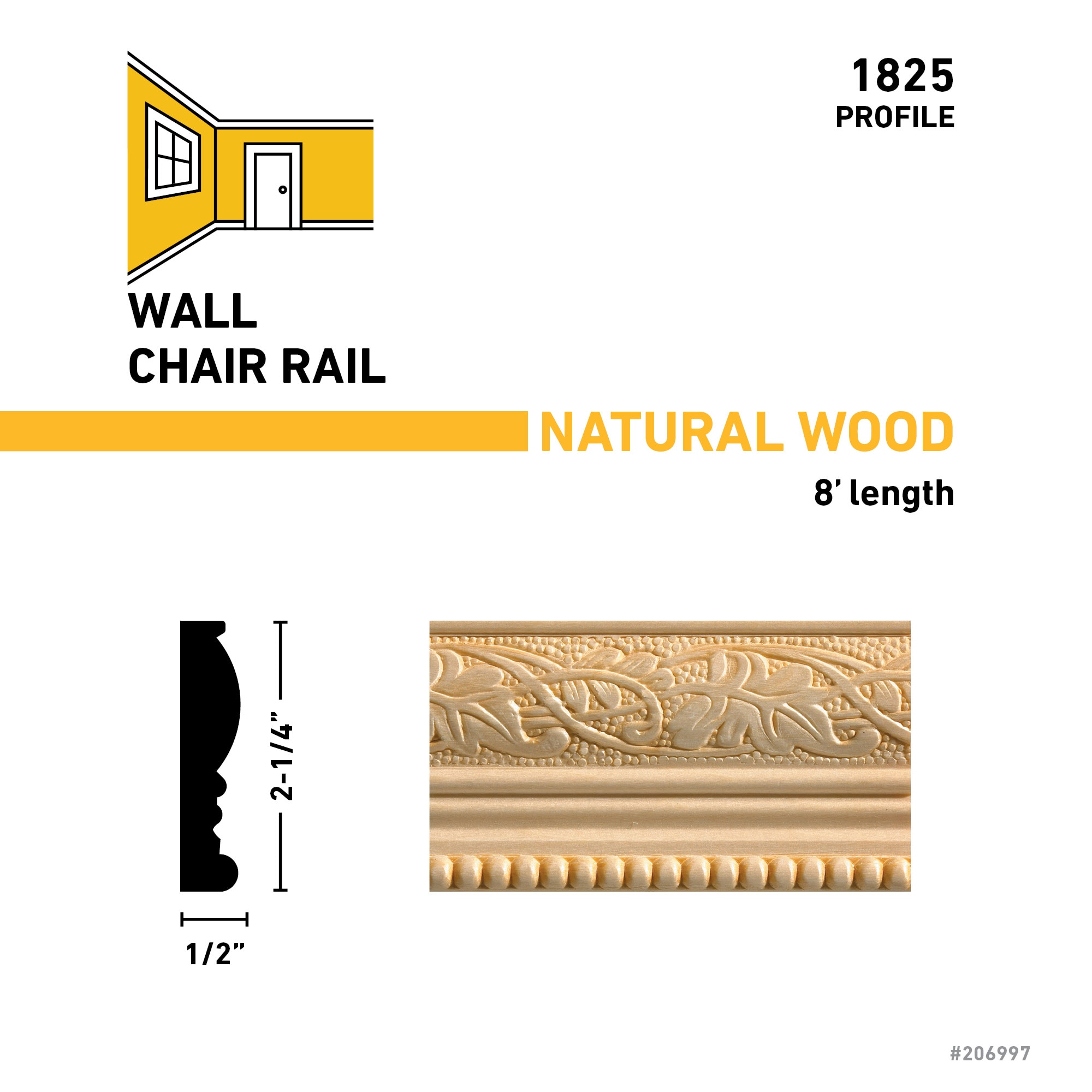 Ornamental Mouldings 1825-8FTWHW Chair-Rail-Moulding - View #3
