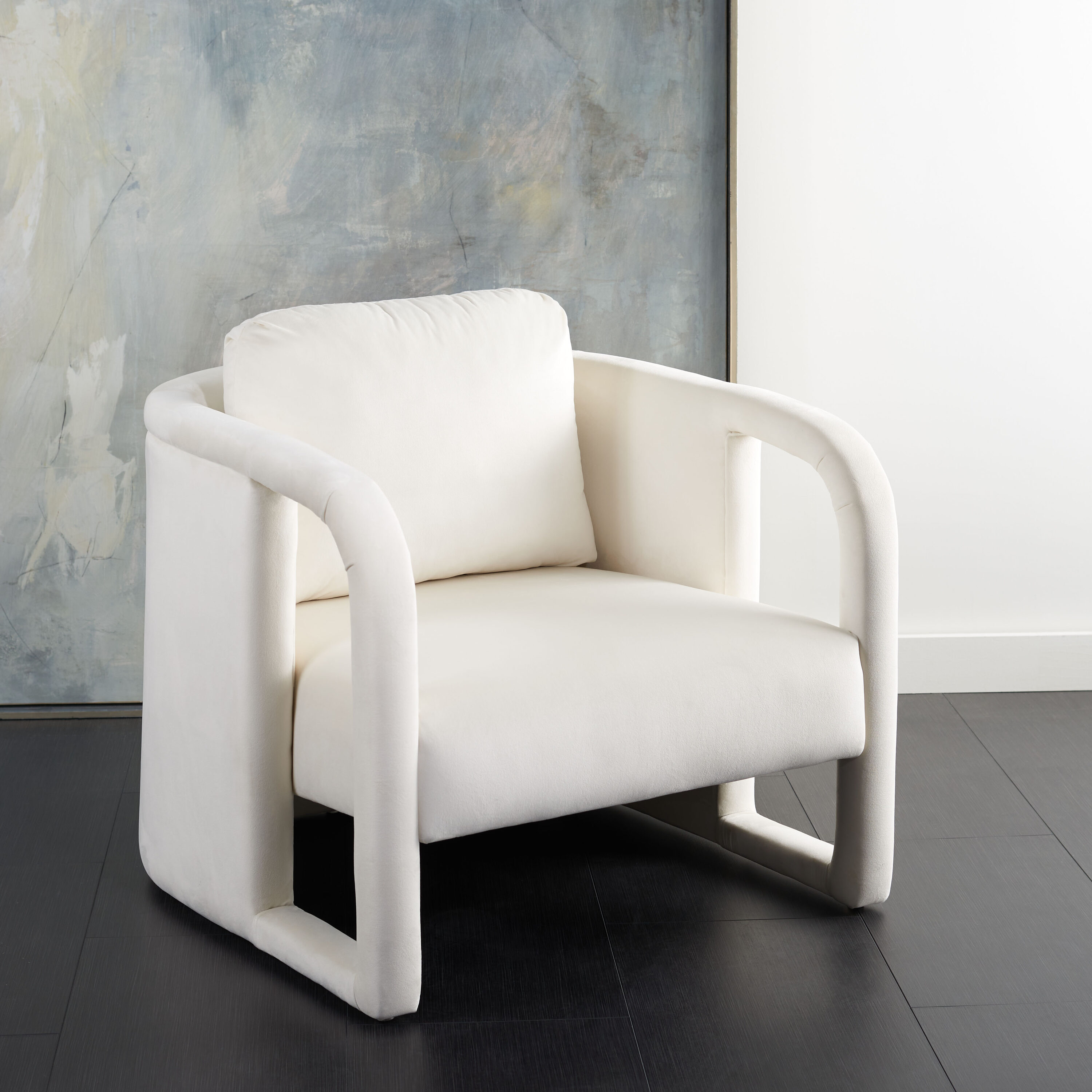 Sasha Cream Velvet Wood Accent Chair with Cut-Out Arms