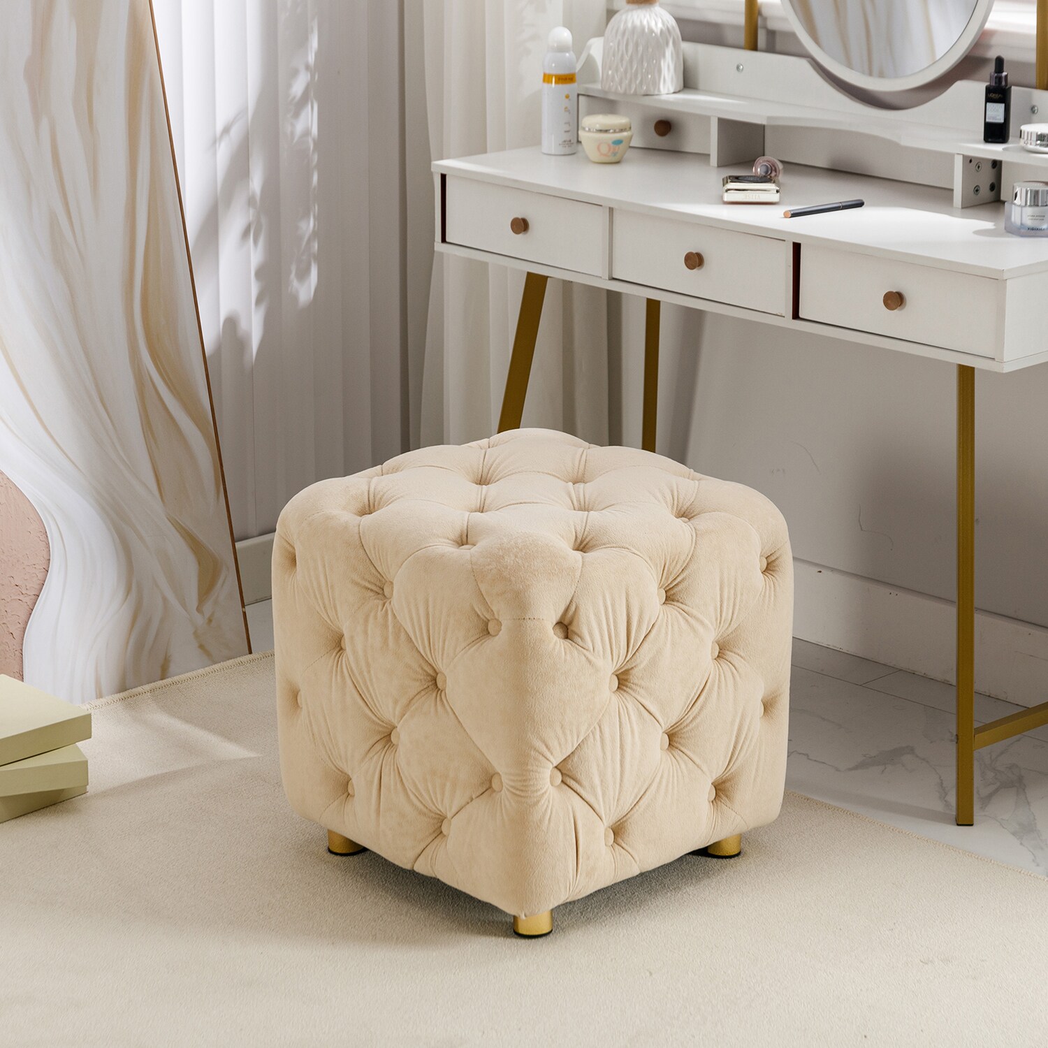 Bybafun Modern Beige Velvet Ottoman YA6100084 at Lowes.com