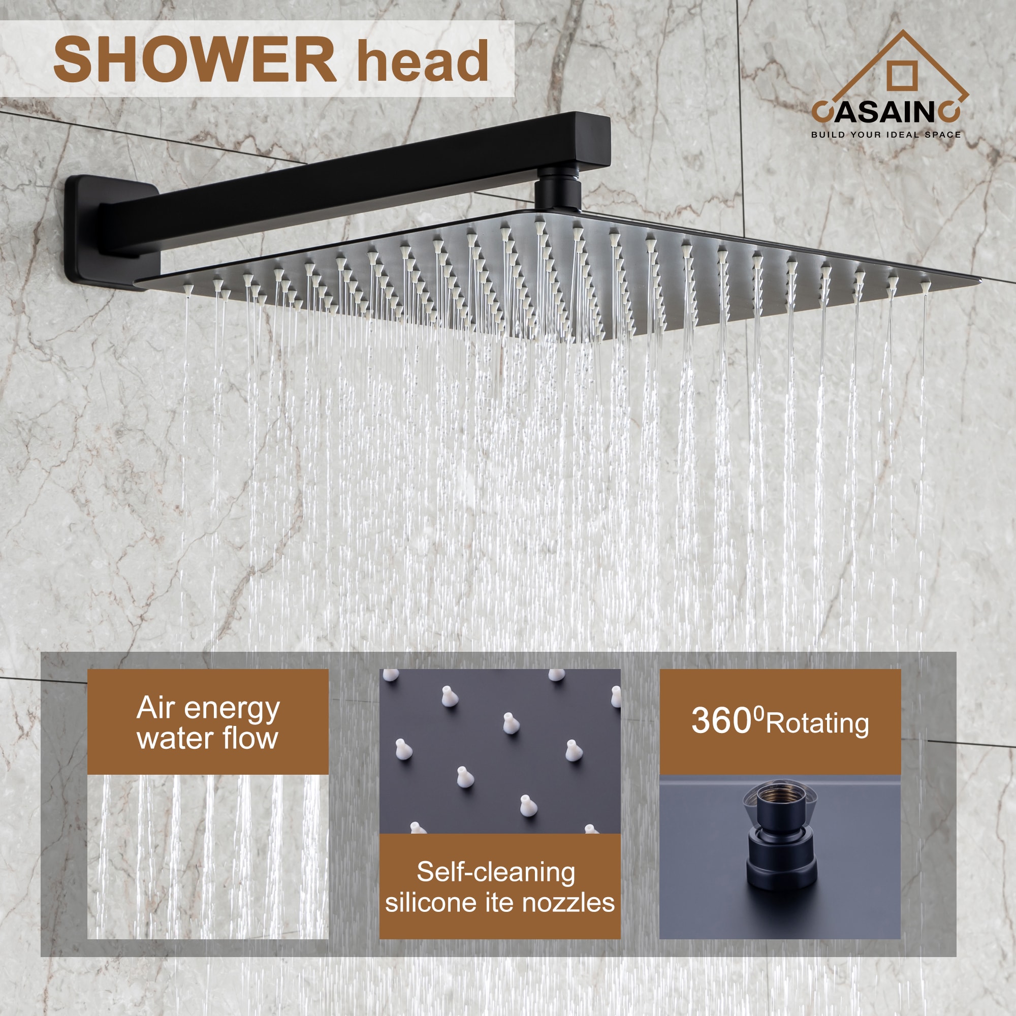 CASAINC Matte Black Dual Head Waterfall Shower Bar System With 2-way ...