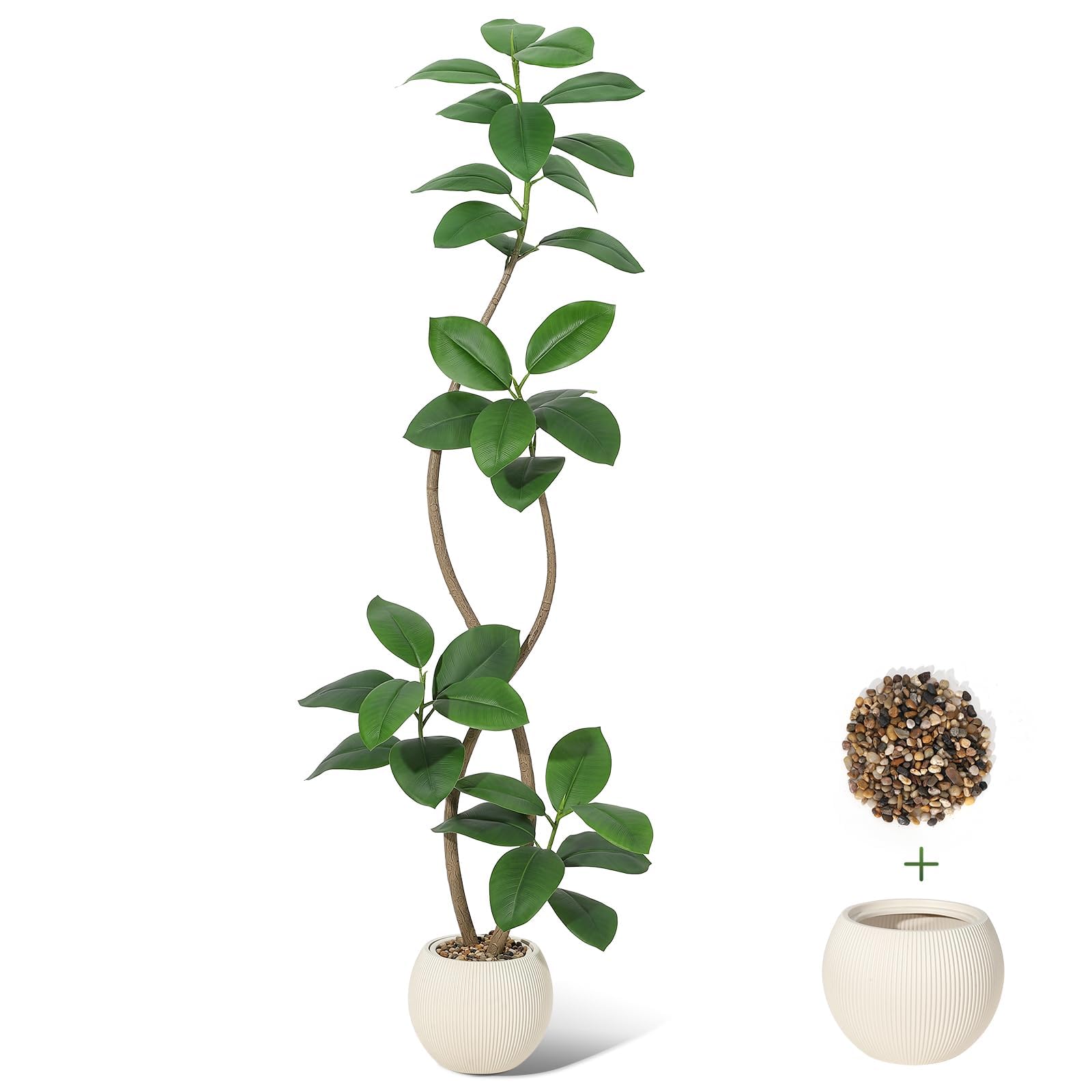 Garvee 6FT Artificial Rubber Tree with Dual Stems Realistic Green Leaves Tall Indoor Faux Plant in White Pot with Decorative Stones Perfect for Home Office Entryway Decor