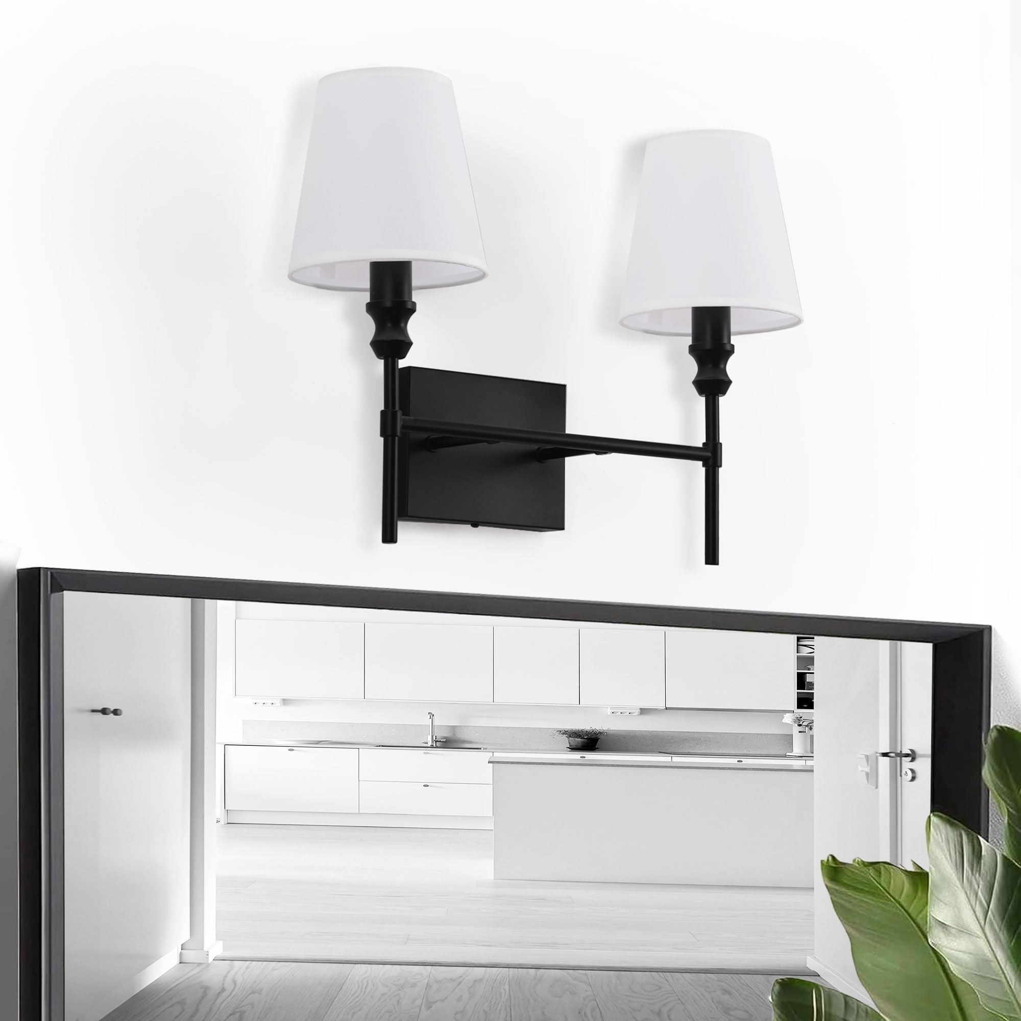 LOBREG  Matte Black Bathroom Vanity Light  18.5 in. 2-Light Indoor Wall Sconce with White Fabric Shades for E12 Bulbs Dimmable Wall Lamp