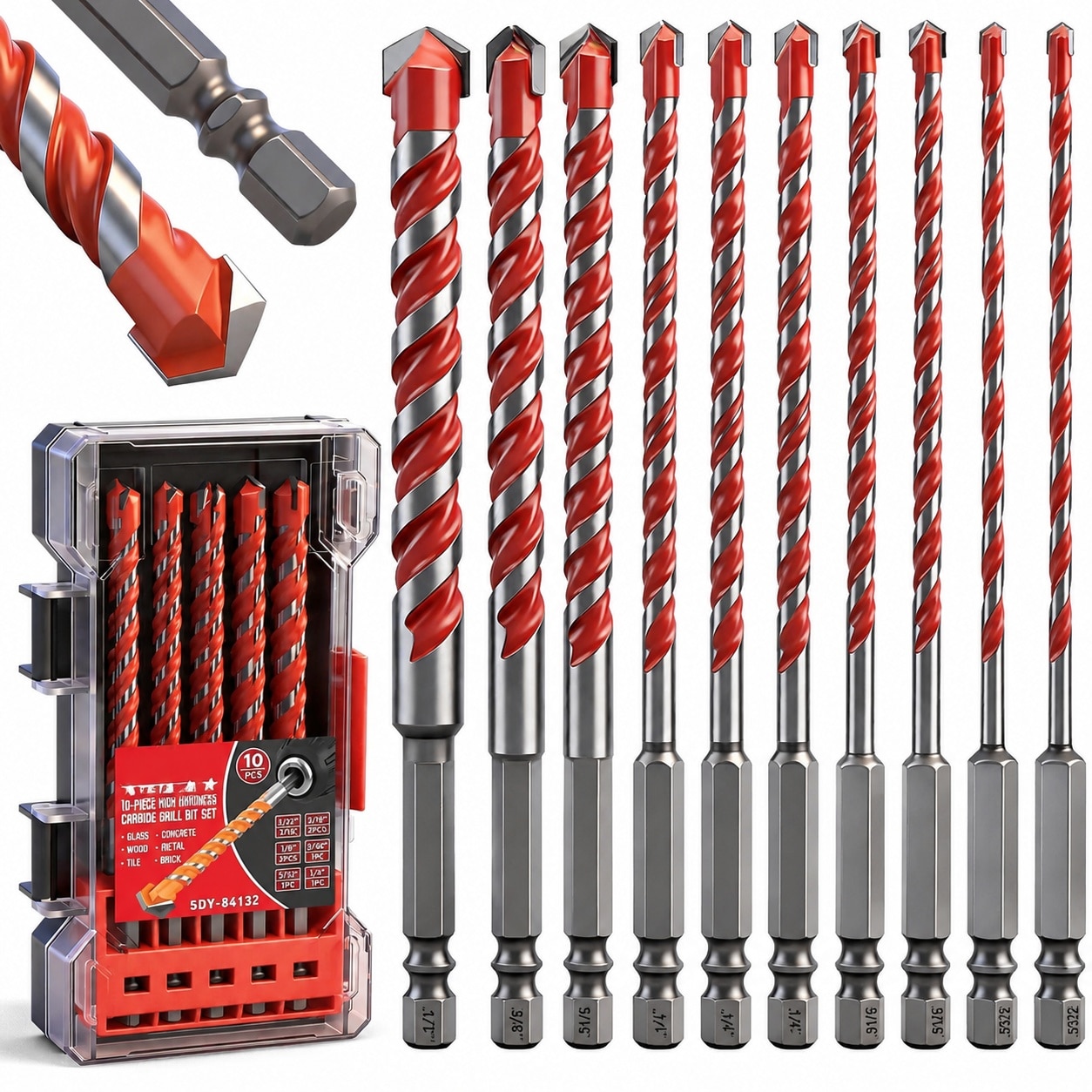 SenQWFa  10 Piece Masonry Drill Bit Set 6 Inch Carbide Tipped Concrete Bits with Hex Shank for Brick Cement Tile Wood and Light Metal Fast
