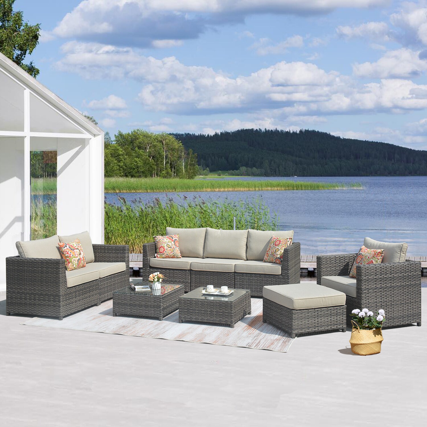 Ovios BLA600-9 9-Piece Rattan Patio Conversation Set with Off-white Cushions
