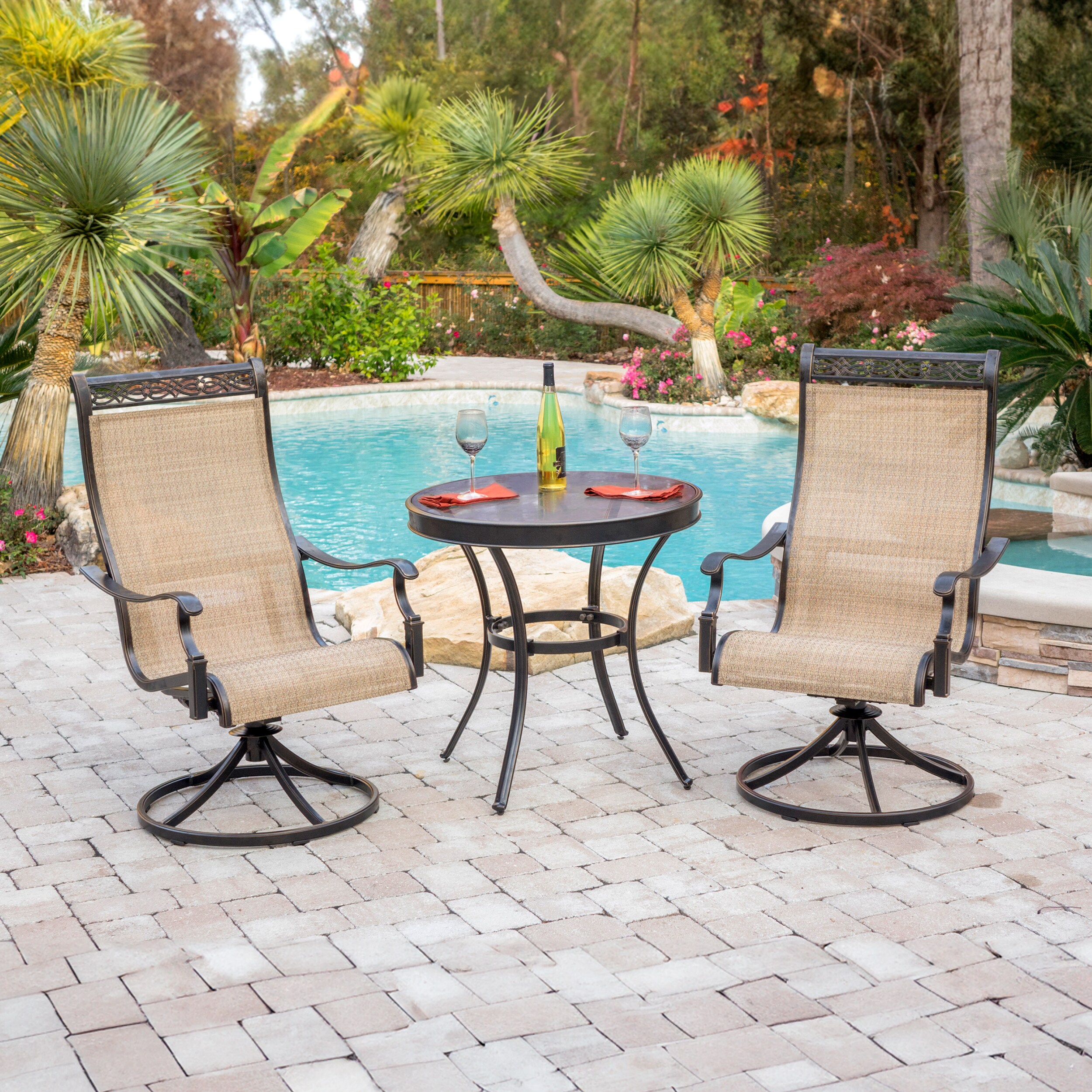 Hanover MONDN3PCSWG Monaco 3 -Piece Bronze Bistro Patio Dining Set Aluminum Round Table with 2 Tan Swivel Rocker Chairs