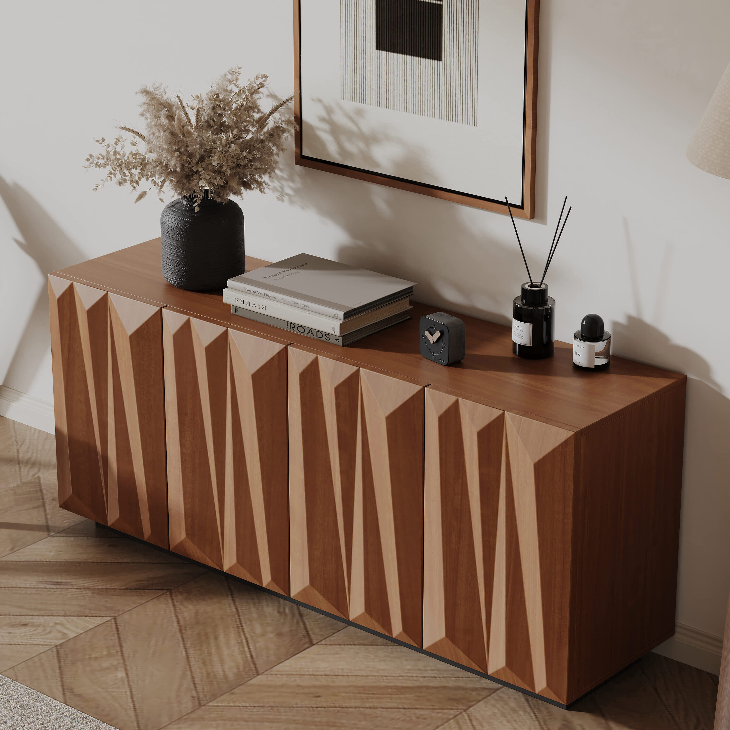 Vynxaria - 60-in Natural Walnut Sideboard with 4 Geometric 3D Doors, 2 Shelves and Storage Cabine...