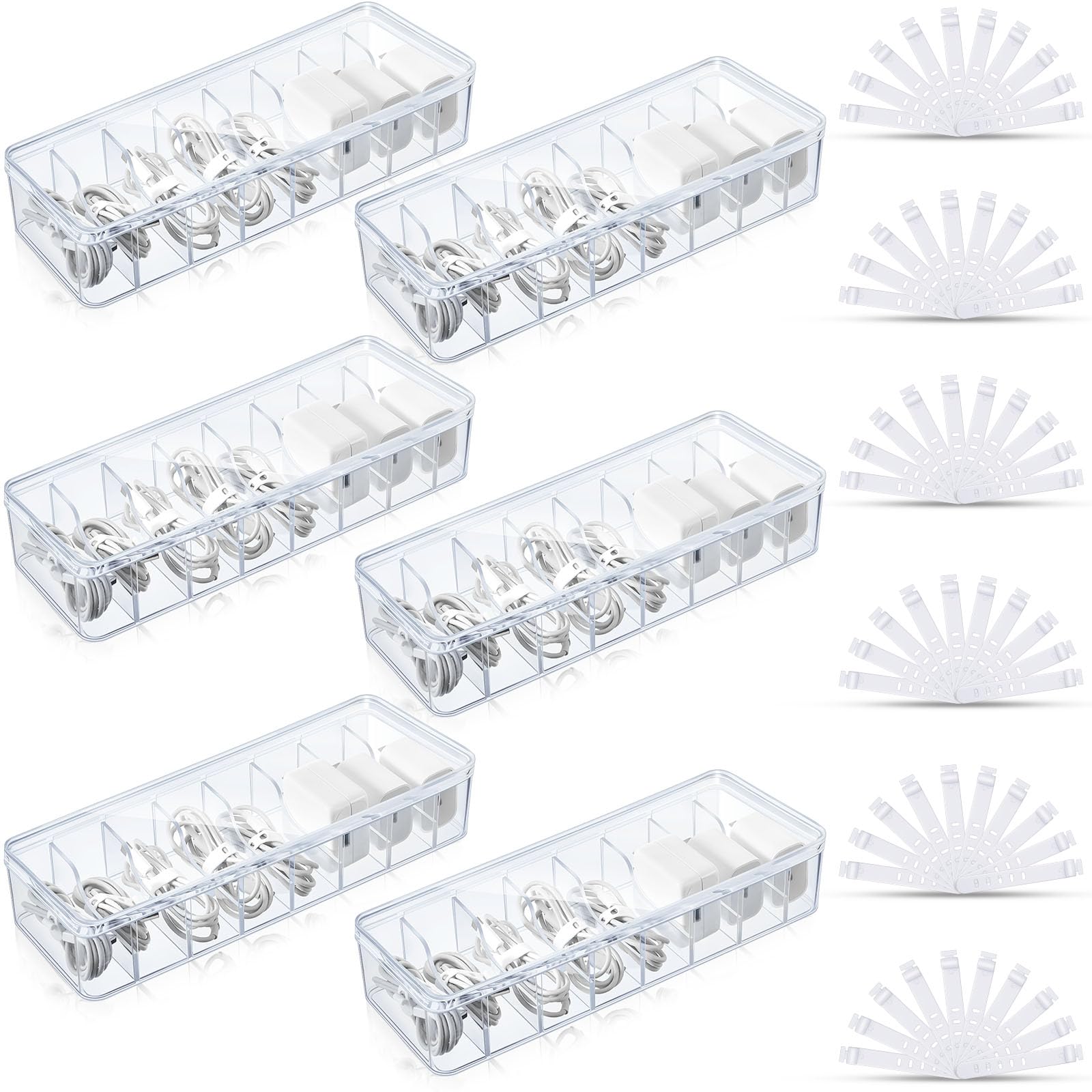 Lukvuzo  6 Piece Cable Organizer Box with Lid and 60 Silicone Wire Ties Clear Plastic Cord Storage for Home Office Desk Accessories