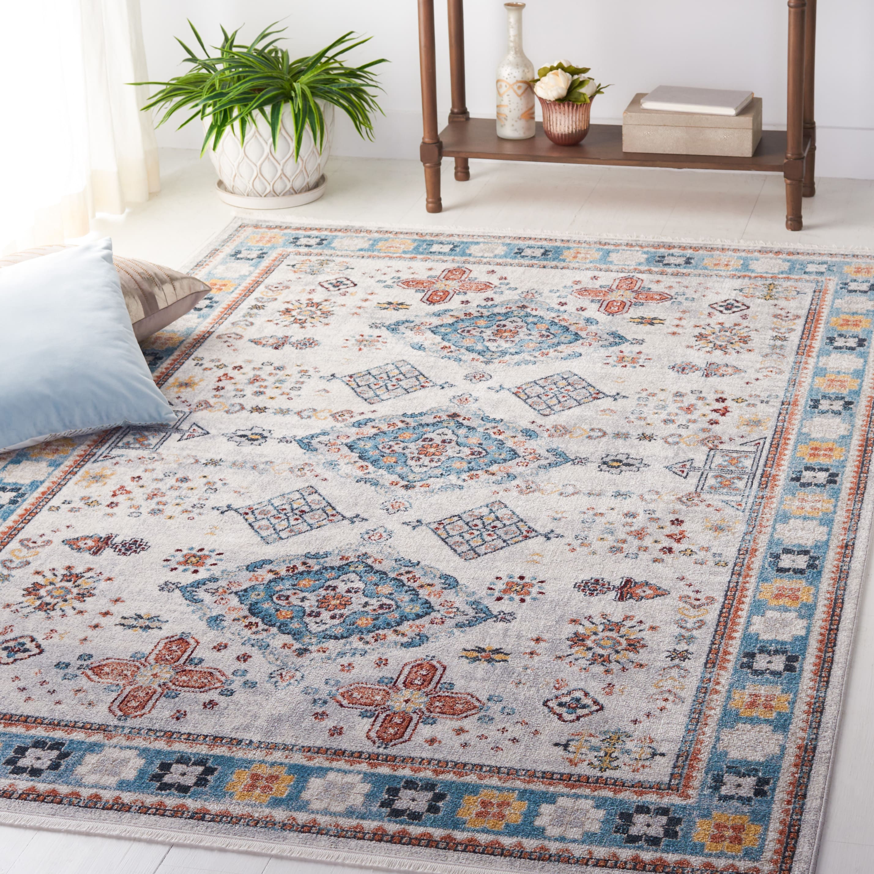 Gene Traditional Medallion Persian Blue Non-Slip Machine Washable