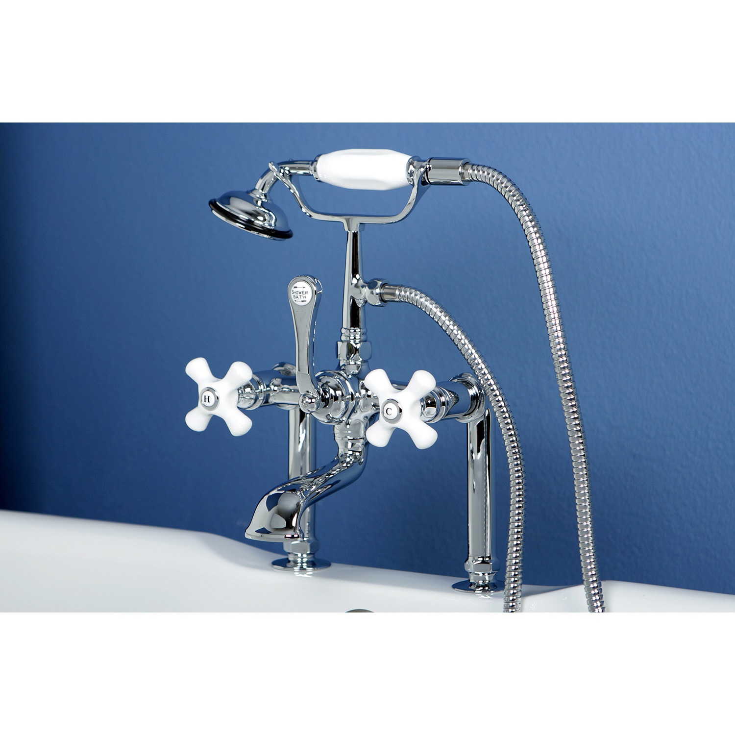 Kingston Brass WLCC112T1 Vintage Polished chrome 3-handle Deck-mount Roman Low-arc Bathtub Faucet with Hand Shower ( Valve Included )