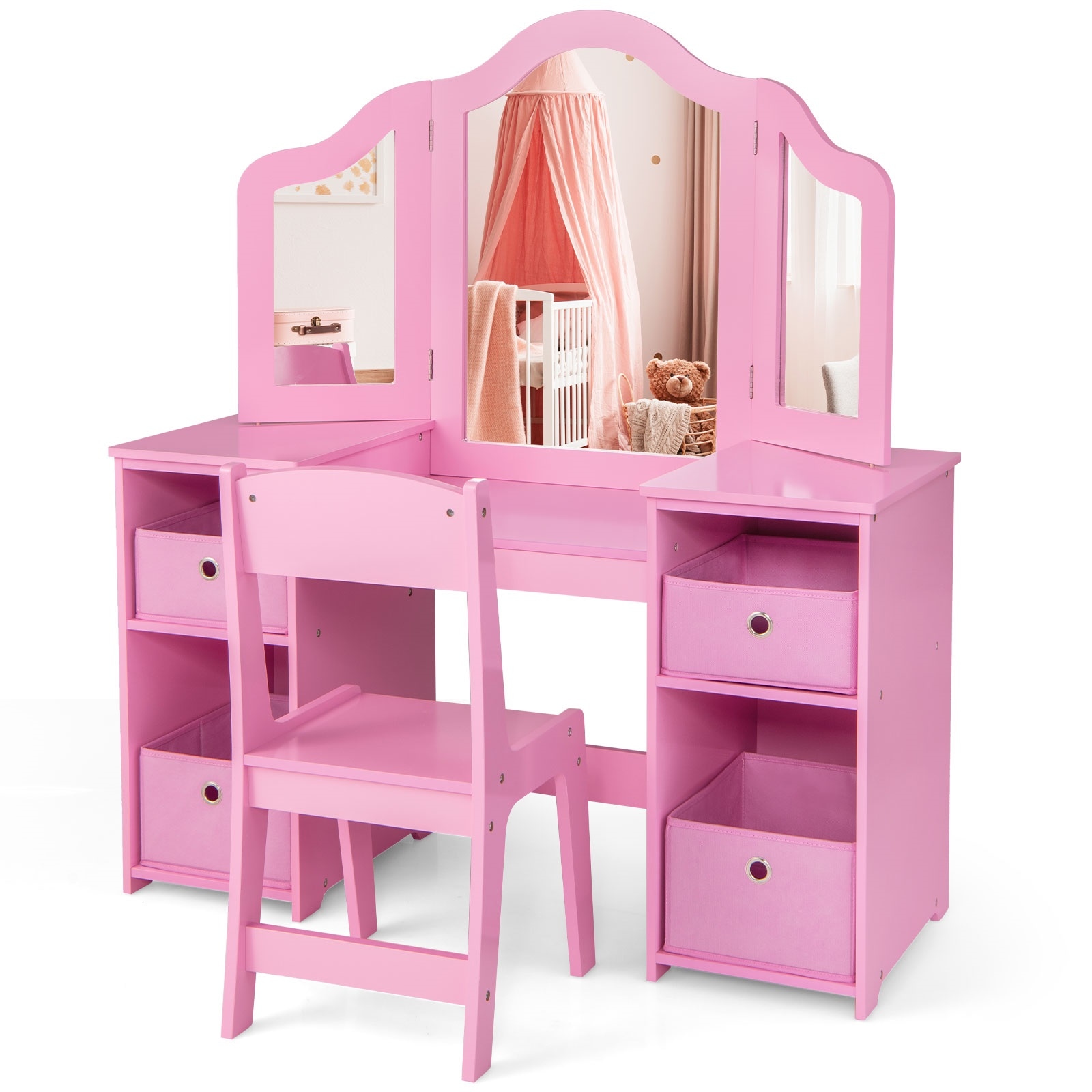 Slickblue D-CO-IP76201YH 41 in Pink/White Makeup Vanity with 3 Clear Mirrors 2-in-1 Desk and Storage Bins for Kids Bedroom