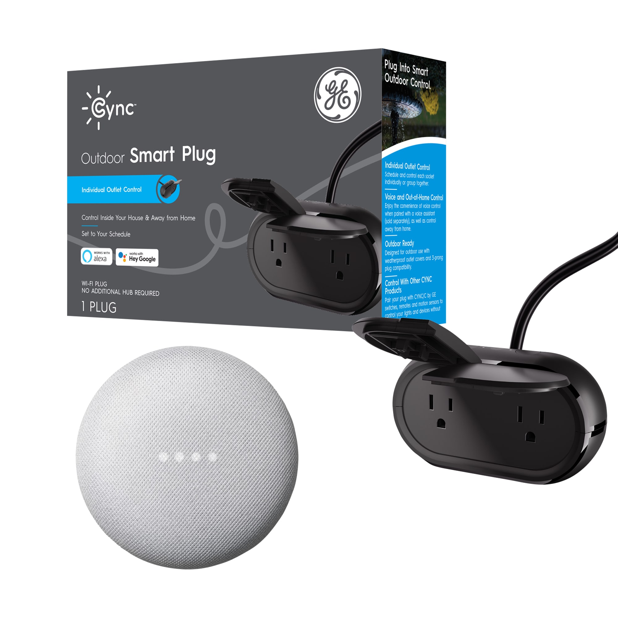 Google Nest Mini (2nd Gen) Smart Speaker with Google Assistant Voice Control in Chalk + GE Cync 120-Volt 2-Outlet Outdoor Smart Plug