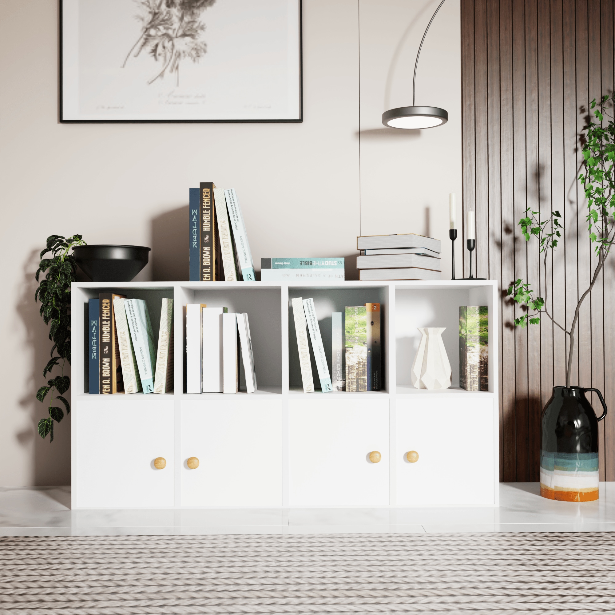 Vintage CCW02 White Cube Storage Bookcase With 4 Doors Stackable Cubby Storage Organizers