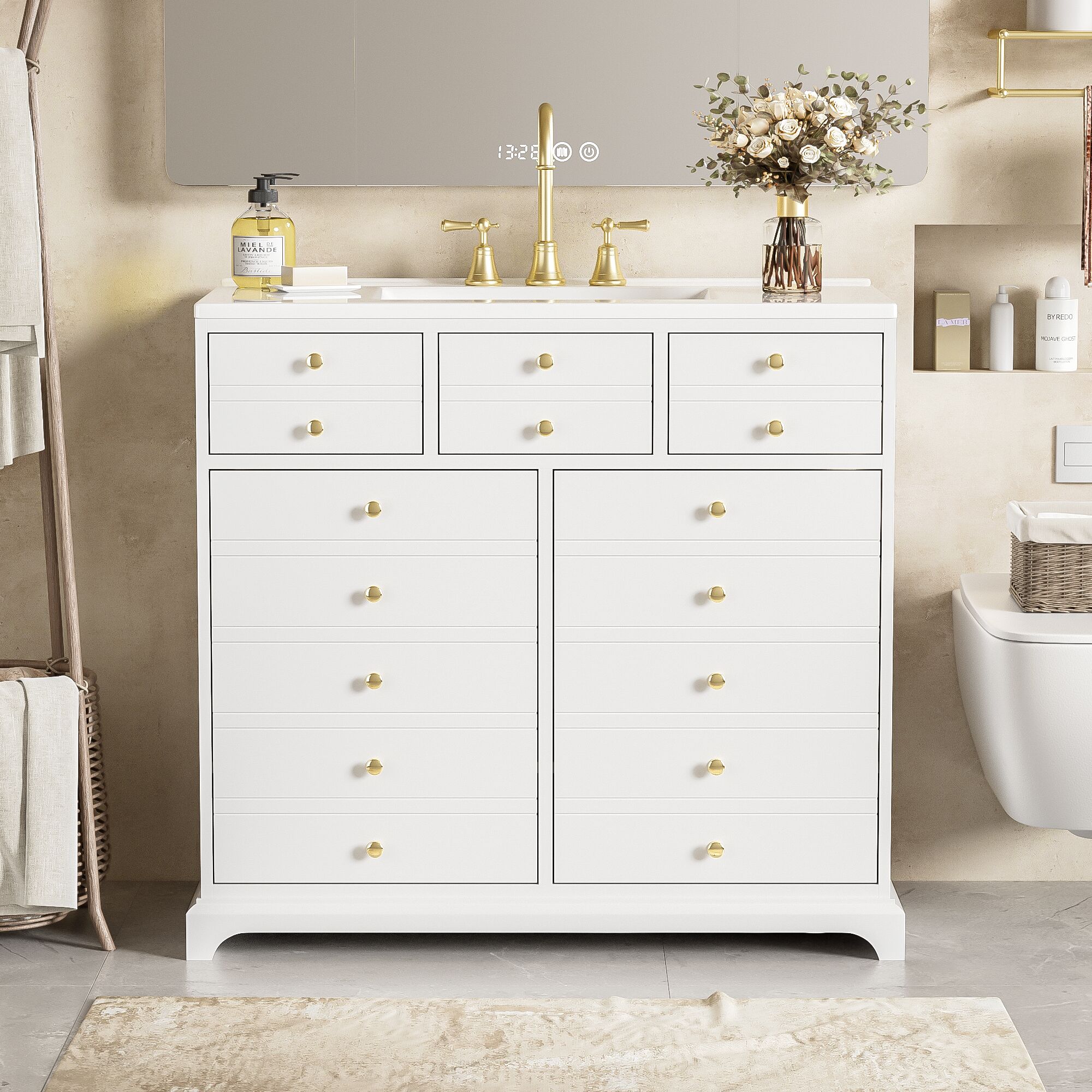 Afhocomp 36 in. Single Sink Freestanding White Bath Vanity with White Integral Ceramic Basin