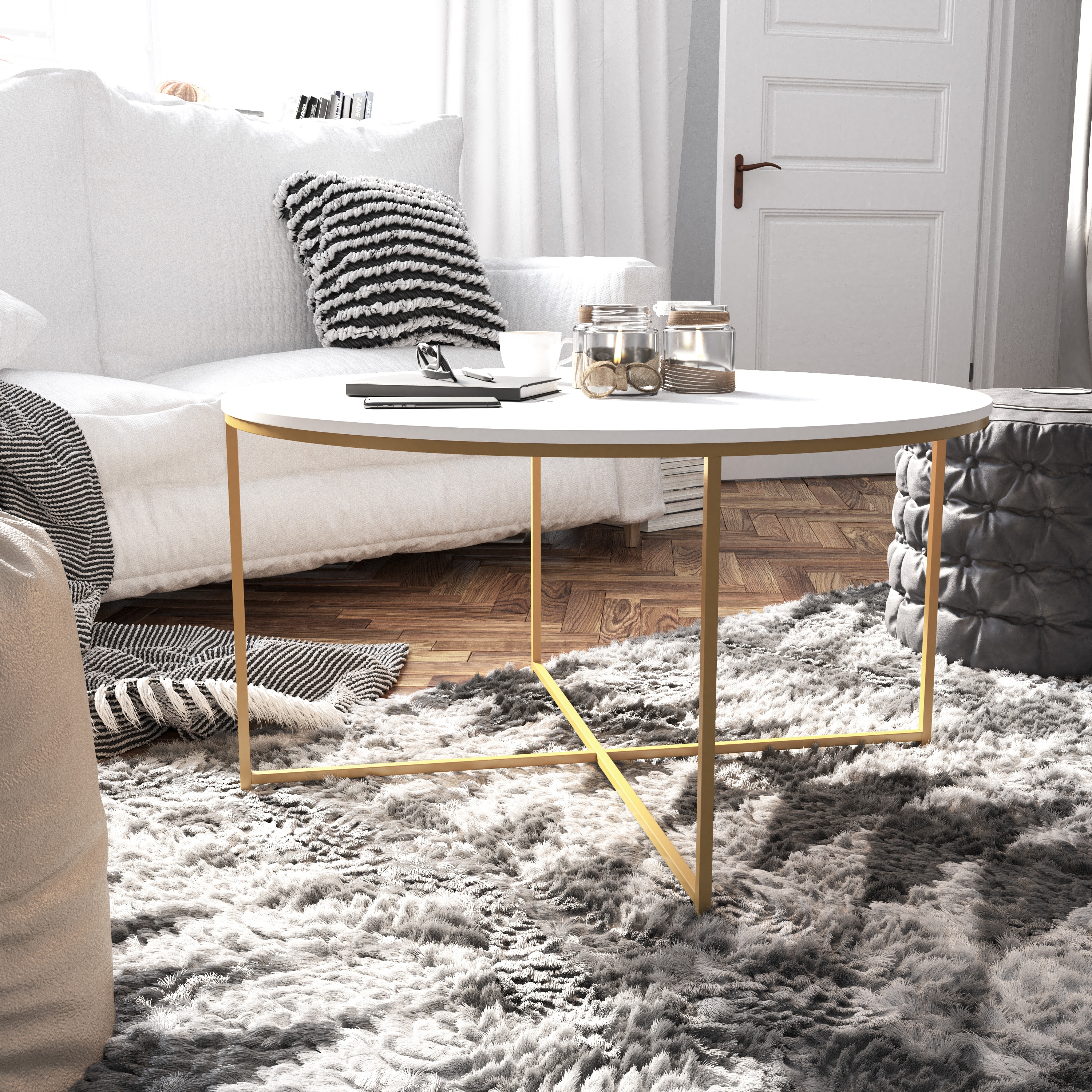 Hampstead Matte Gold and White Round Wood & Metal Coffee Table