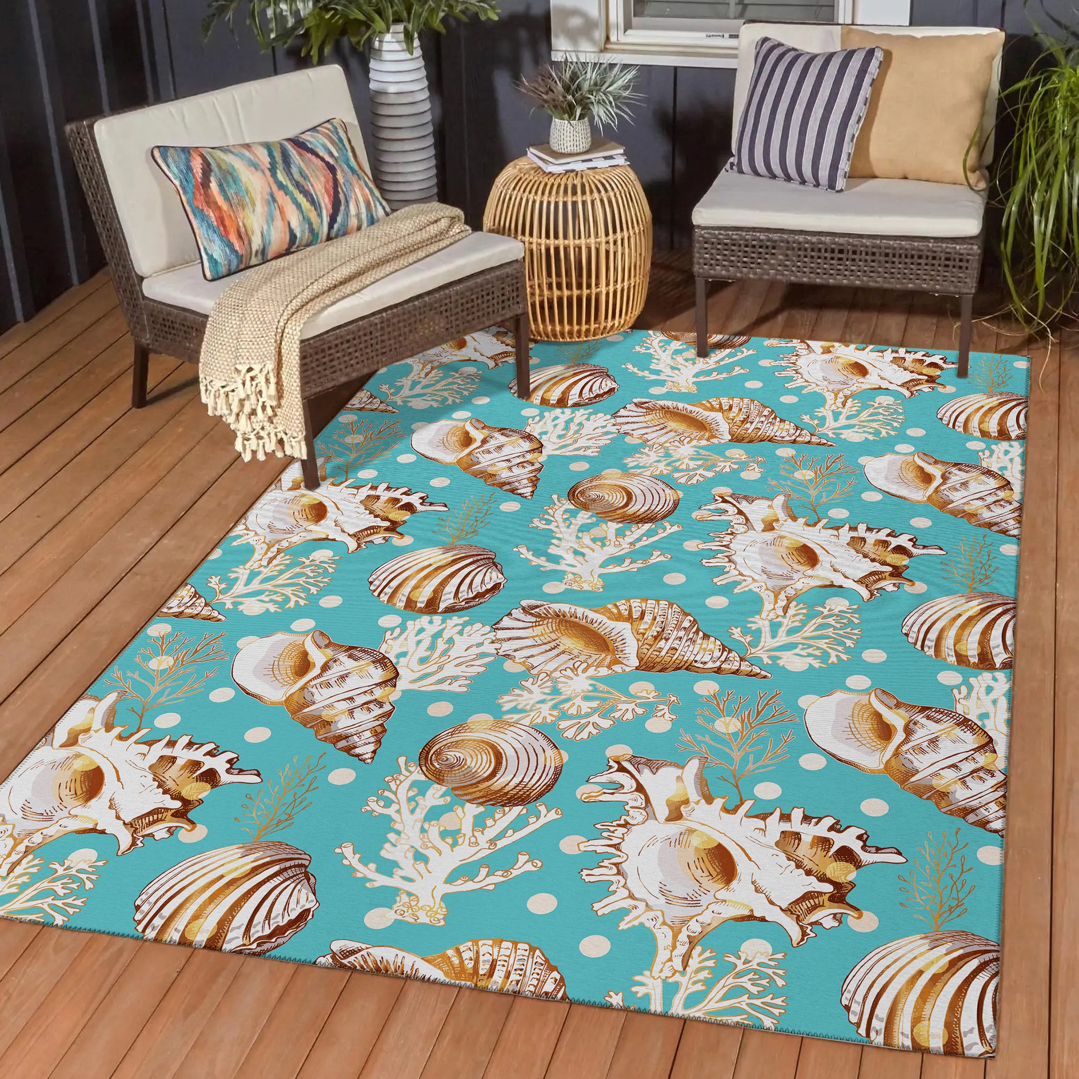 Aqua Coastal Seashells Flat Woven Chenille 5' x 7' Rug