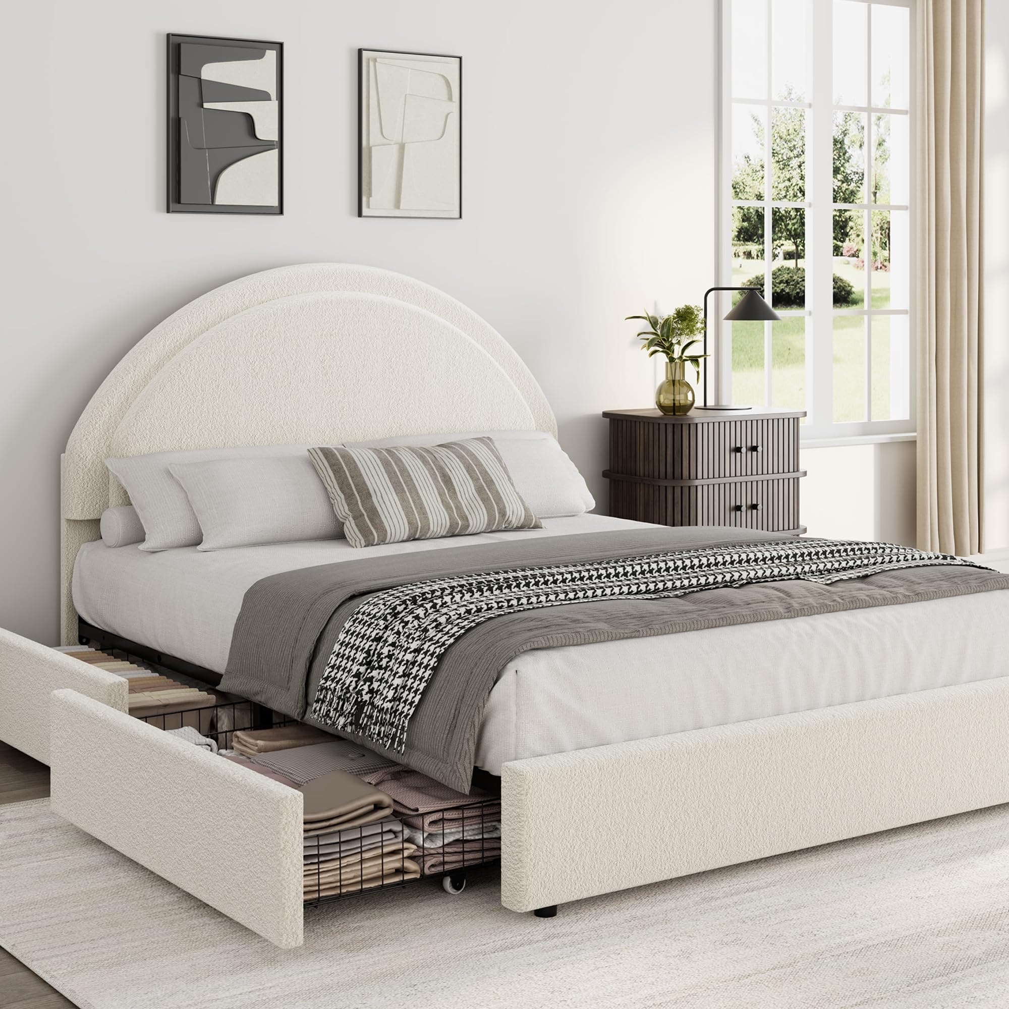 IdealHouse - Modern Boucle Upholstered Platform Bed Frame with 2 Storage Drawers - Soft Round Hea...