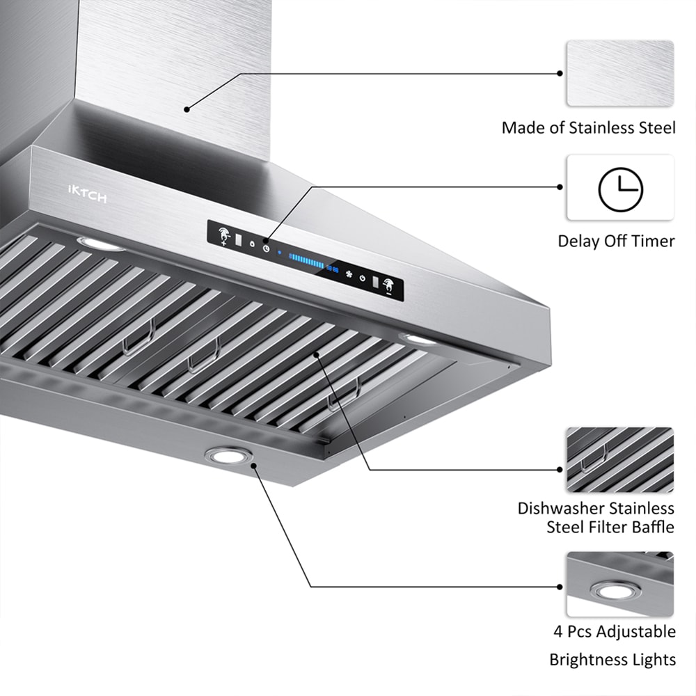 Iktch 36-in 900-cfm Convertible Stainless Steel Wall-mounted Range Hood 