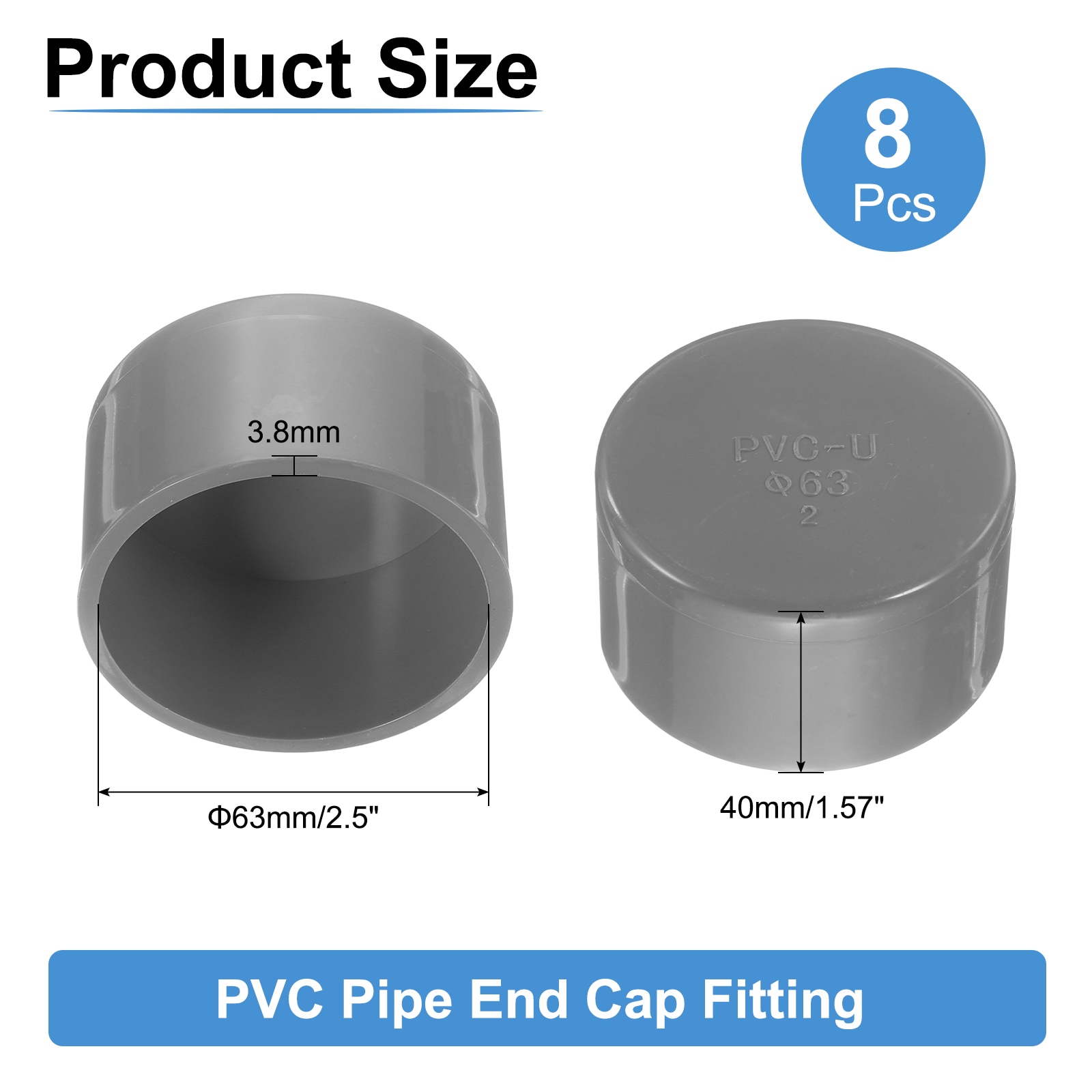 Unique Bargains 8pcs PVC Pipe End Cap Fitting 63mm/2.5 Inch ID ...