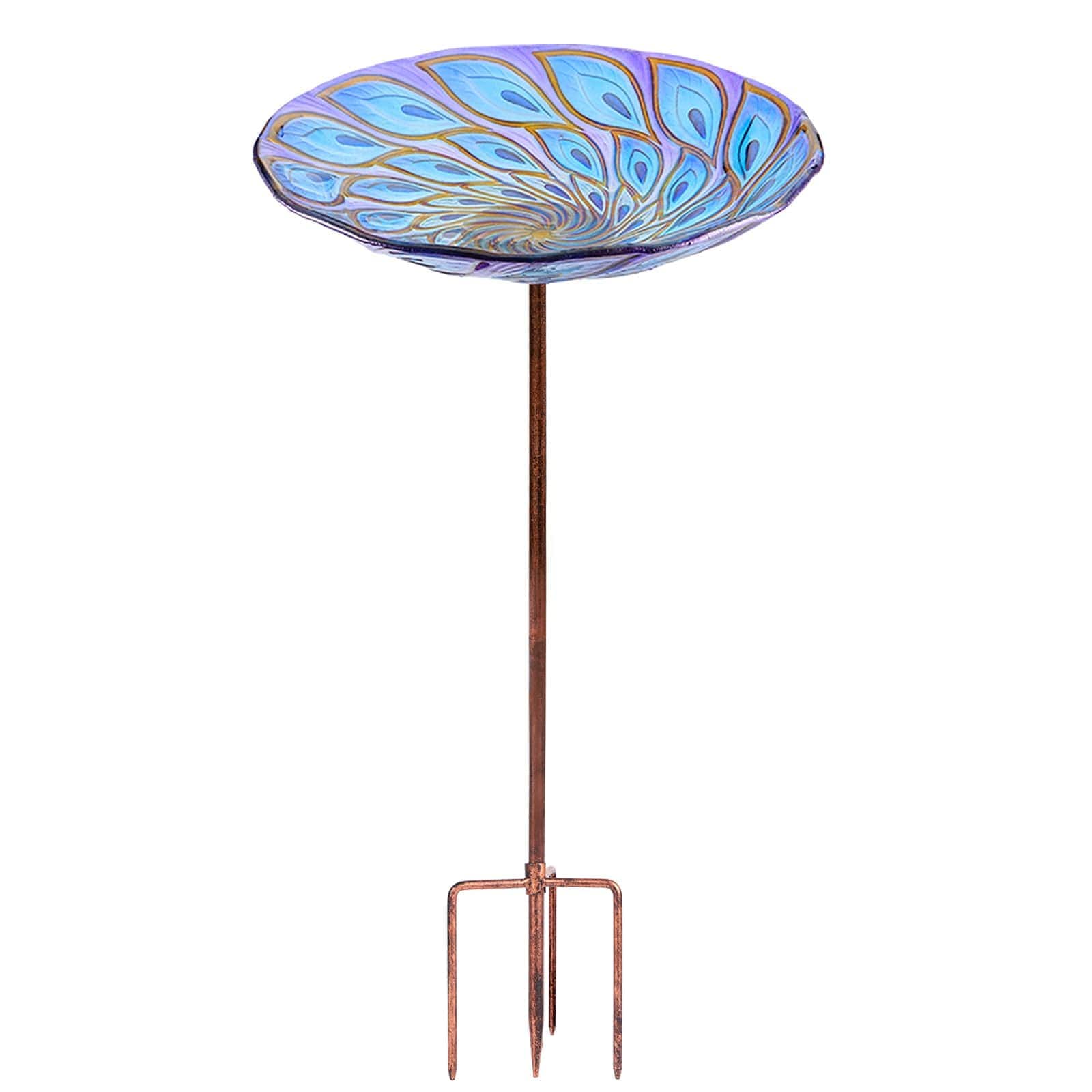 Aoibox -  Peacock Glass Bird Bath Outdoor Hanging Basin with Metal Stake Handcrafted Garden Bird ...