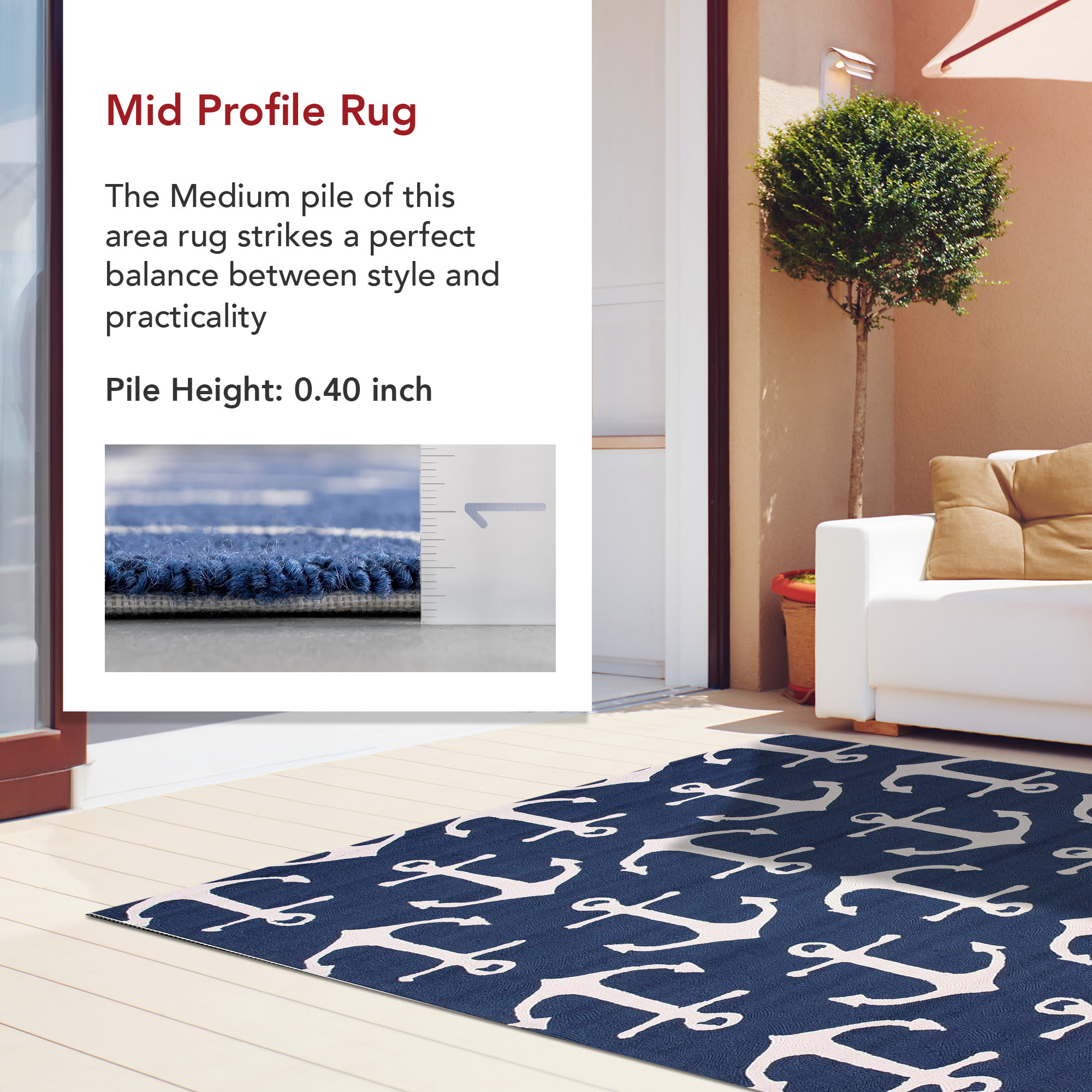 Navy and White Synthetic Coastal 4' x 6' Area Rug