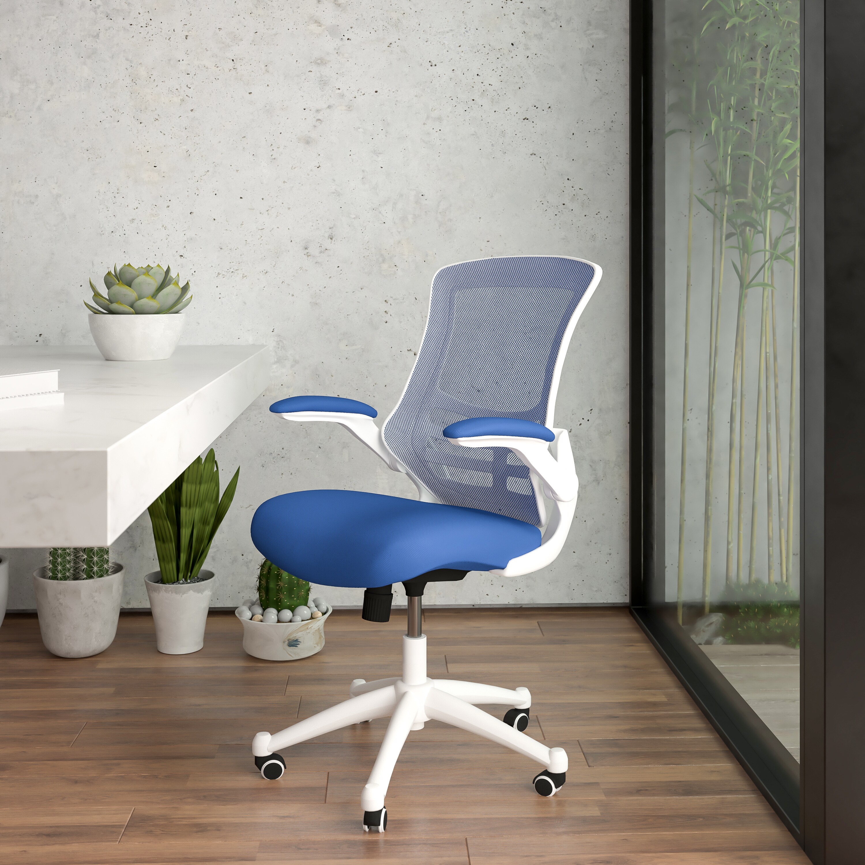 Modern Blue Mesh and White Plastic Ergonomic Swivel Task Chair