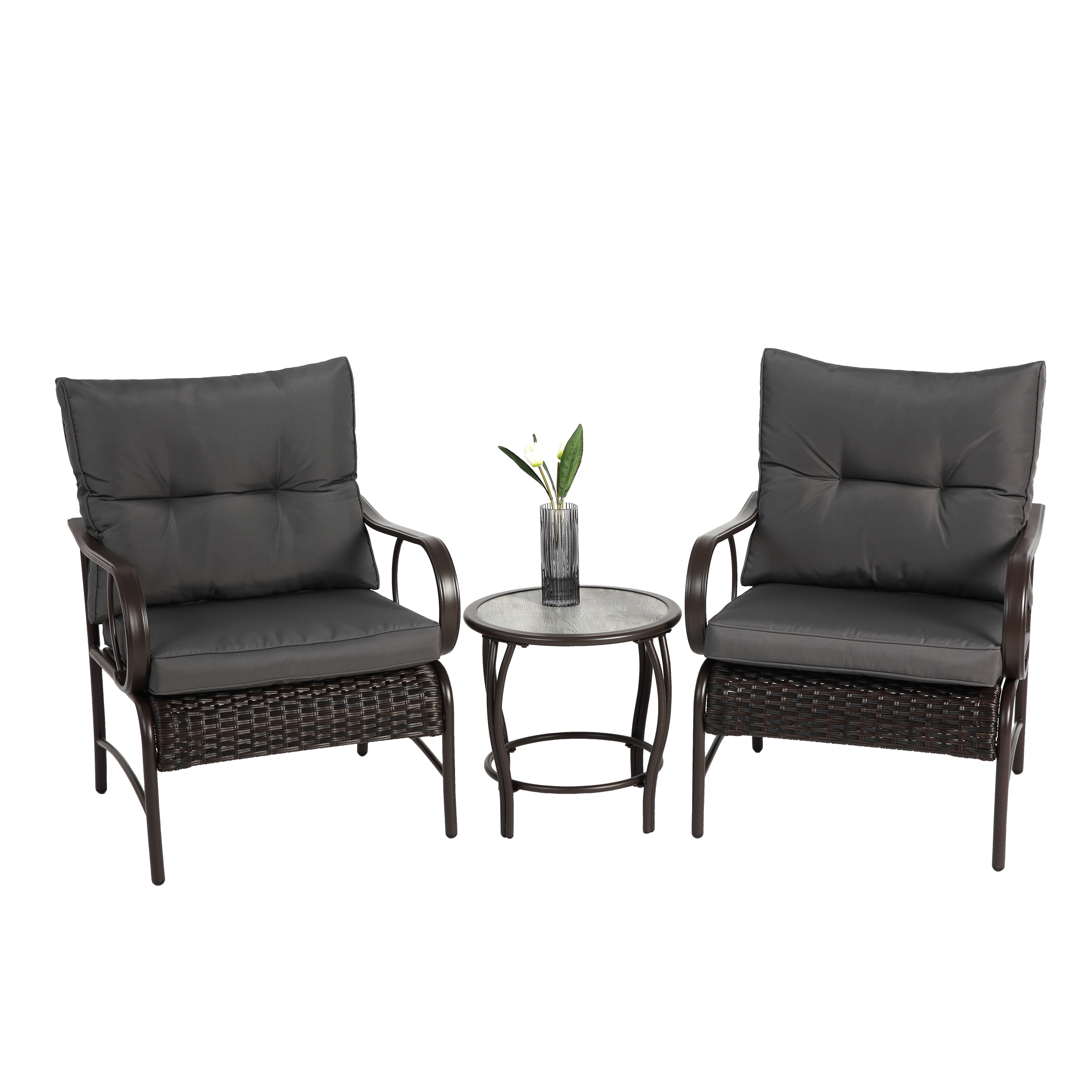 AHIOU HOME ZAAHG-P256775PS Alton 3 -Piece Rattan Patio Conversation Set with Gray Cushions
