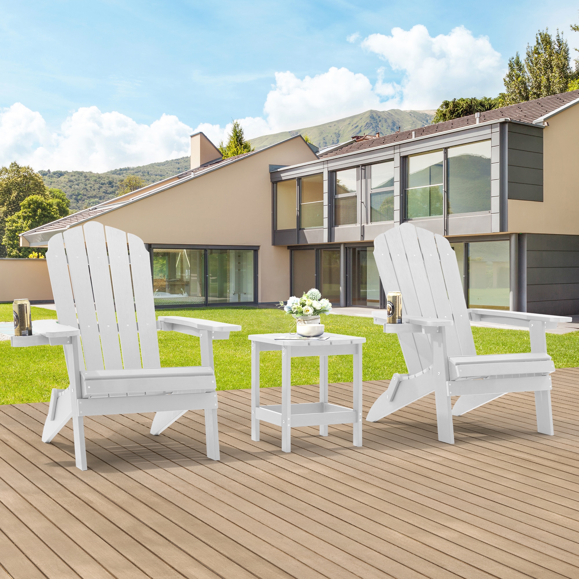 ACEGOSES LW-QW-104-WT-2 Foldable Adirondack Chair Set of 2 White Stationary Adirondack Chair with Slat Seat