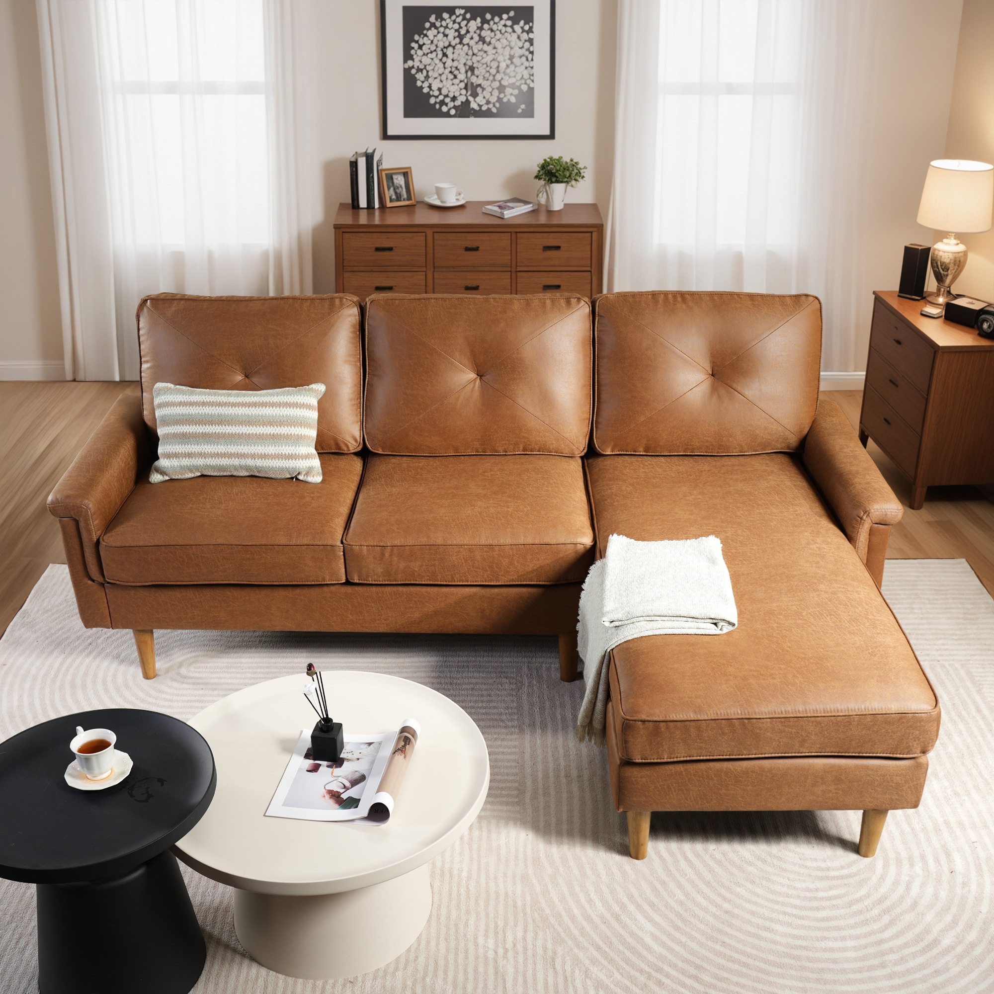 ALTRIGUS 6L-NOPR700-AL 87-in Oriental Suede Light Brown-Right Chaise Suede 3 -seater Reclining Sofa