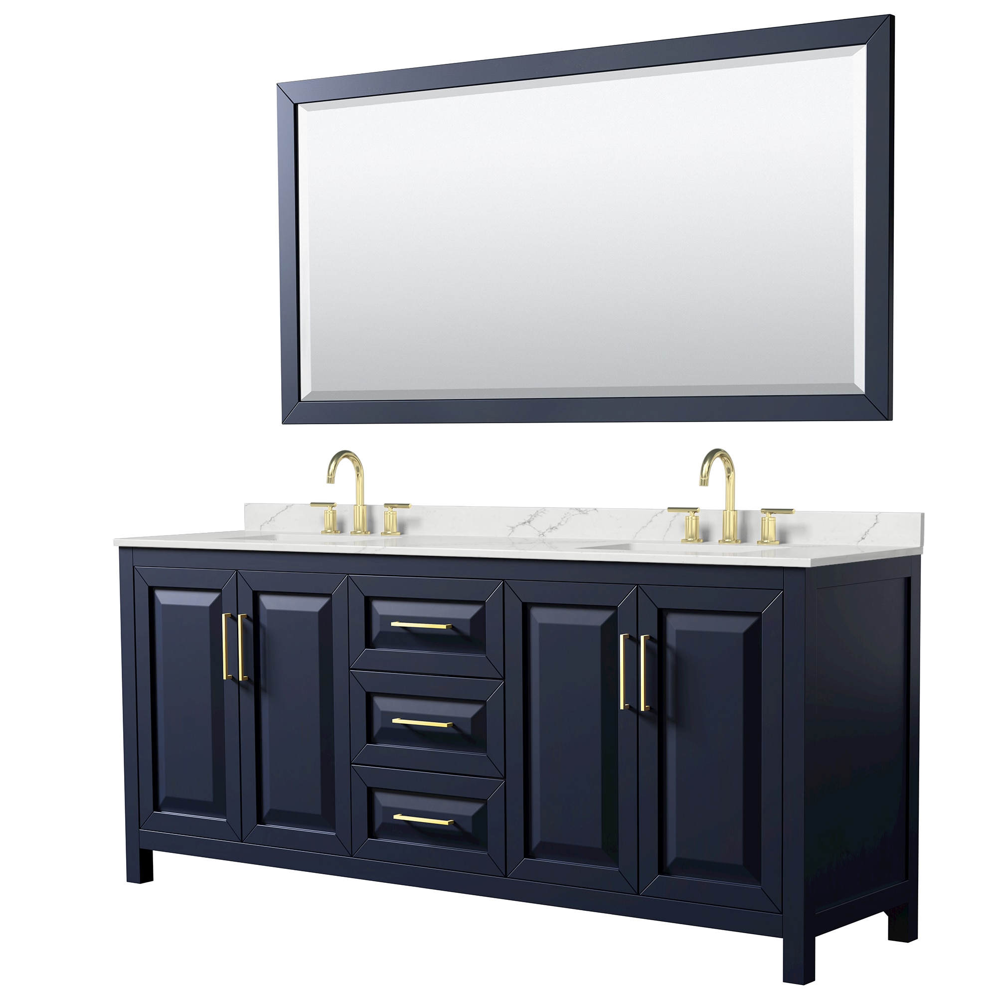 Wyndham Collection Daria 80-in Dark Blue with Brushed Gold Trim Undermount Double Sink Bathroom Vanity with Giotto Quartz Quartz Top (Mirror Included)