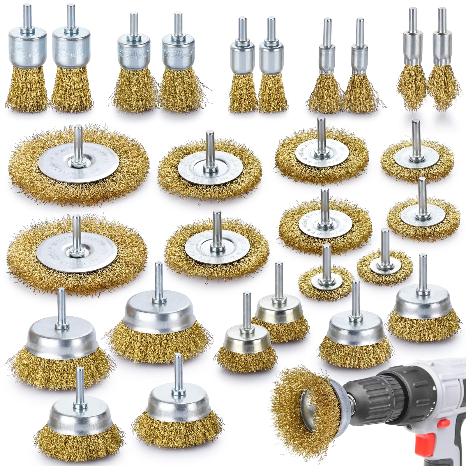 Afoxsos 28 Piece Brass Wire Brush Set for Drill 1 by 4 Inch Shank Includes Cup End Wheel and Tip Brushes for Rust Removal Paint Stripping Polishing