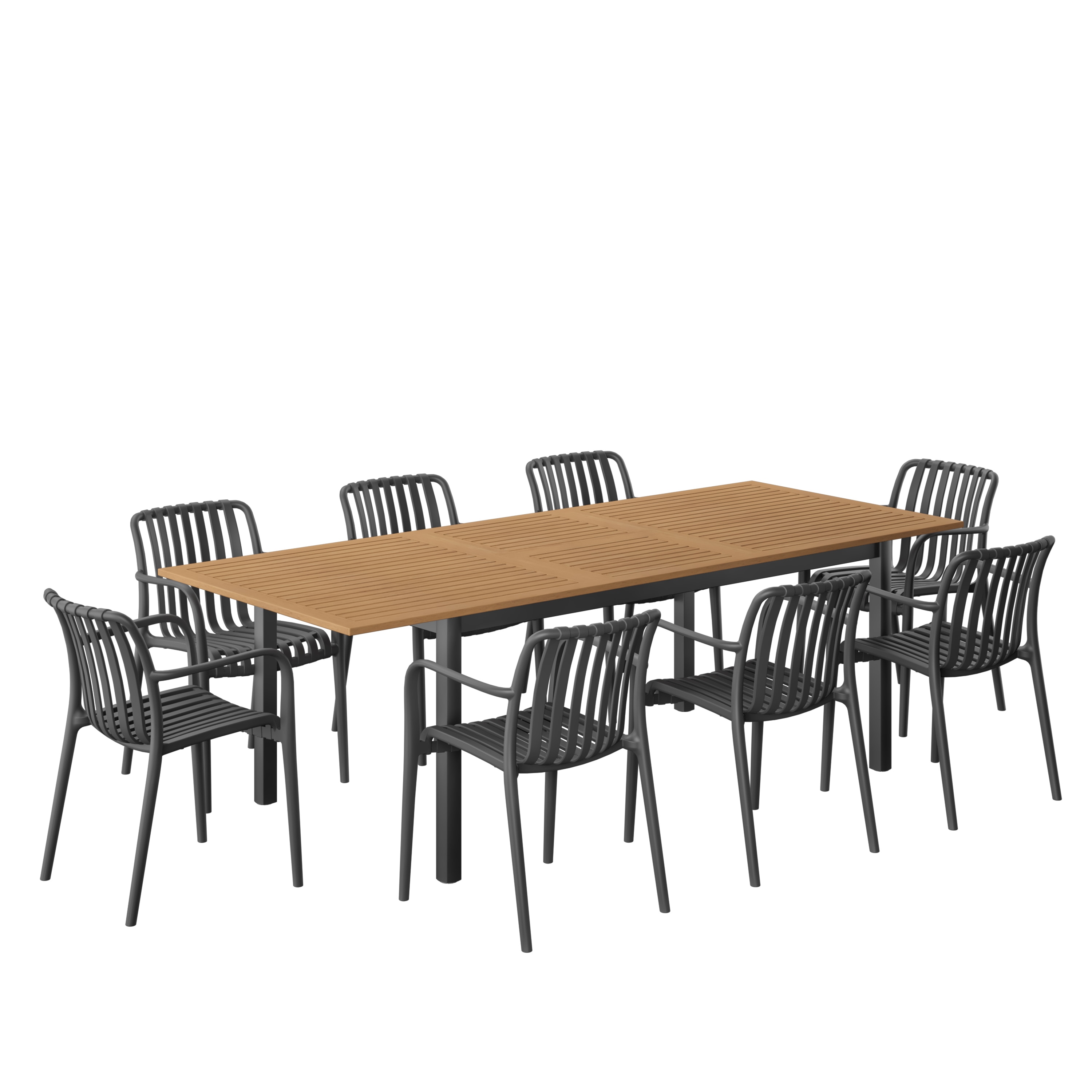 Amazonia LWS-IBIS-8-CURA-BK 9 -Piece Wood Patio Dining Set Extendable Table Wood Rectangle Table with 8 Stackable Stationary Chairs