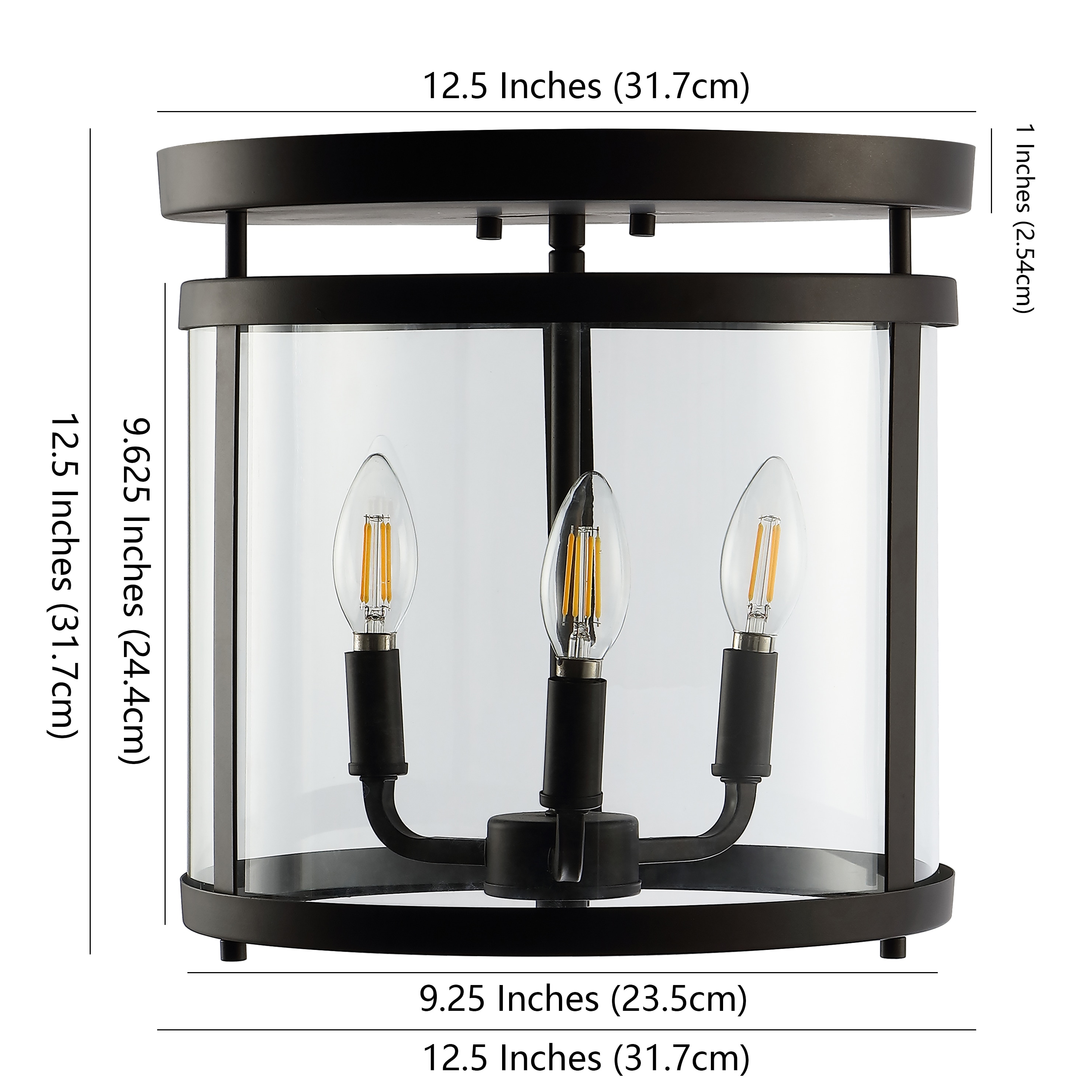 Ciel Simple Farmhouse 12.5" 3-Light Black Iron Glass Flush Mount