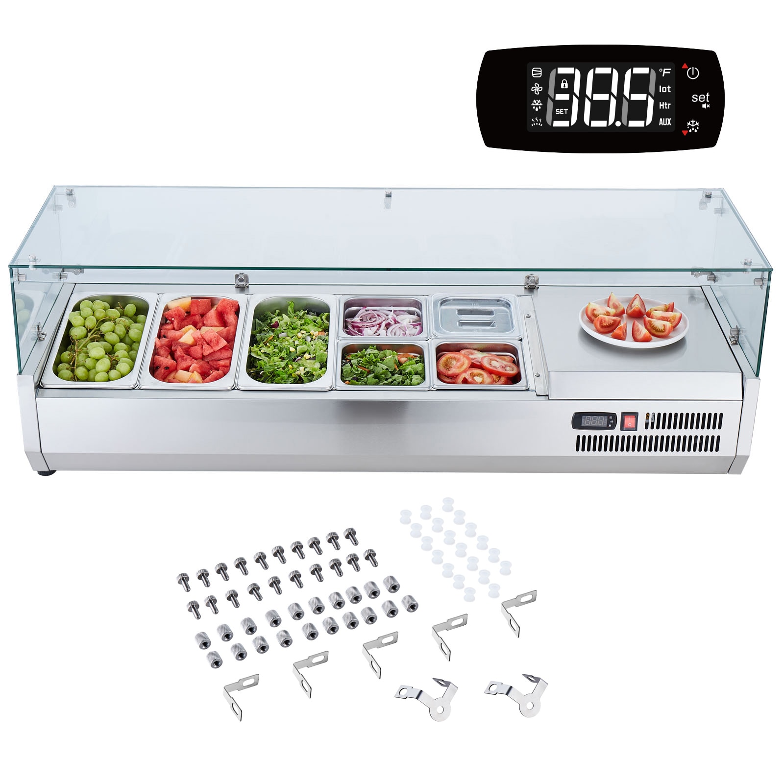 SVOPES SCBLZLZDWT5503163V1 Refrigerated Condiment Prep Station 140 W Countertop Refrigerated Condiment Station with 3 1/3 Pans and 4 1/6 Pans 304 Stainless Body and PC Lid Sandwich Prep Table with Glass Guard ETL
