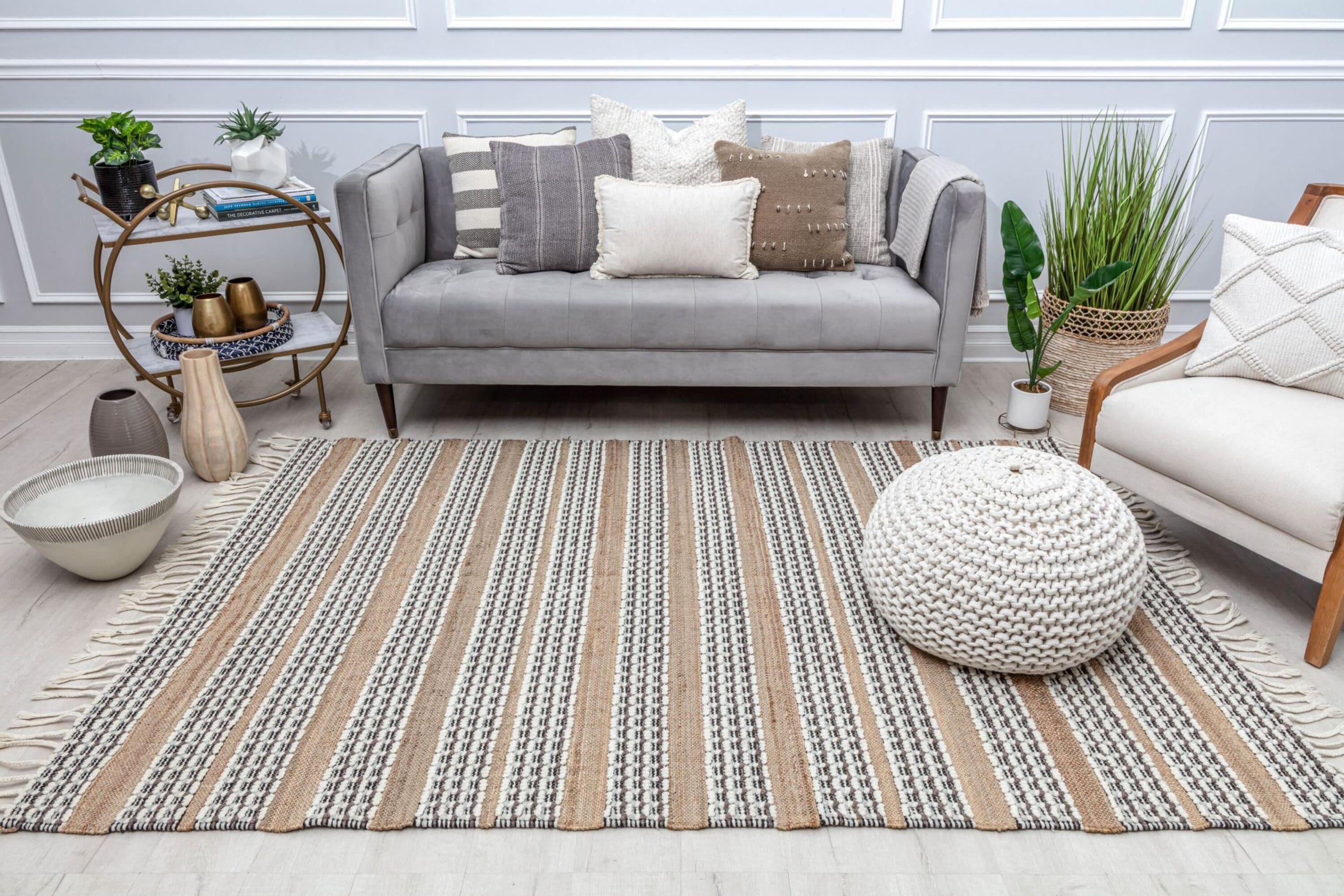 Handmade Natural Jute and Wool Striped Area Rug with Tassels