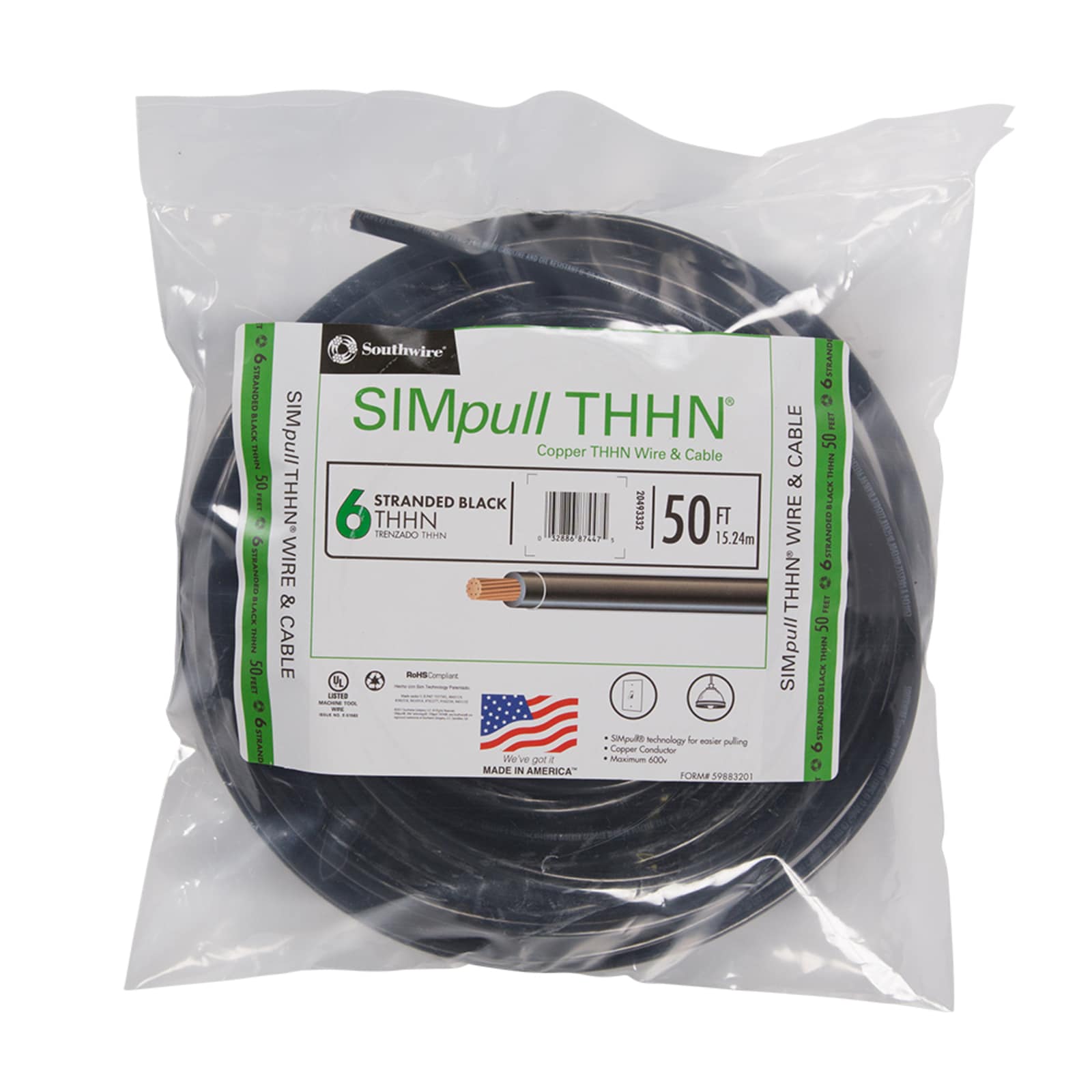 Southwire 20493340 SIMpull 50-ft 6 -AWG Black Stranded Copper THHN wire ( By-the-roll )