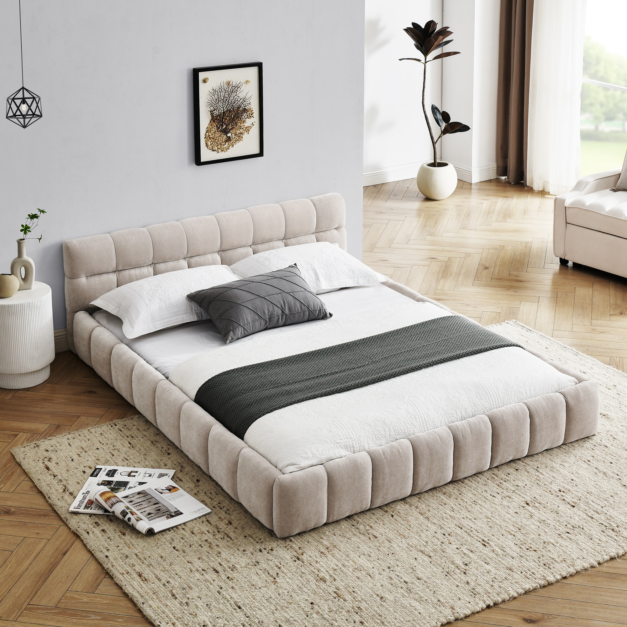 LOVMOR SF-Y-W487S00220 Queen Size Upholstered Bed Frame with Thick Fabric Chenille Fabric Grounded Queen Size Platform Bed with Headboard and Solid Frame. No Box Spring Needed Beige