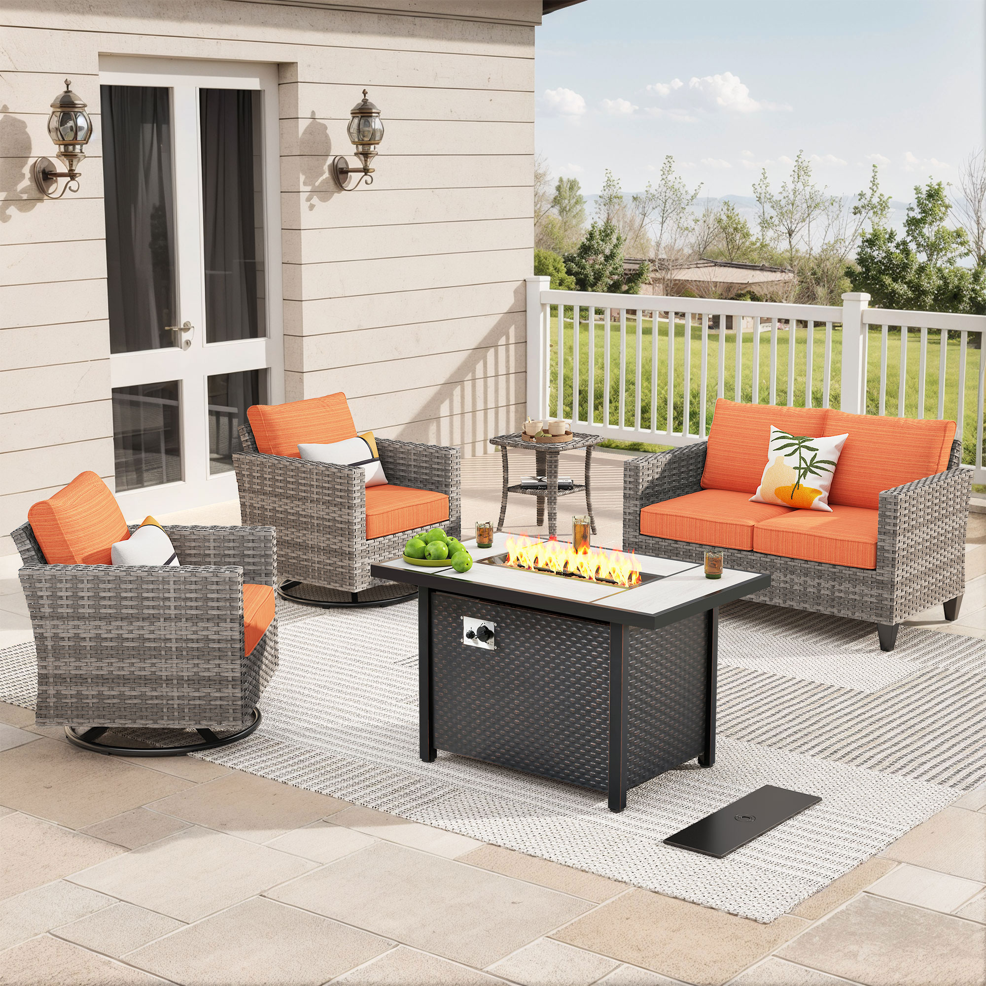 Pouuin STFP-YZGRS805 5 -Piece Wicker Patio Conversation Set with Orange Cushions