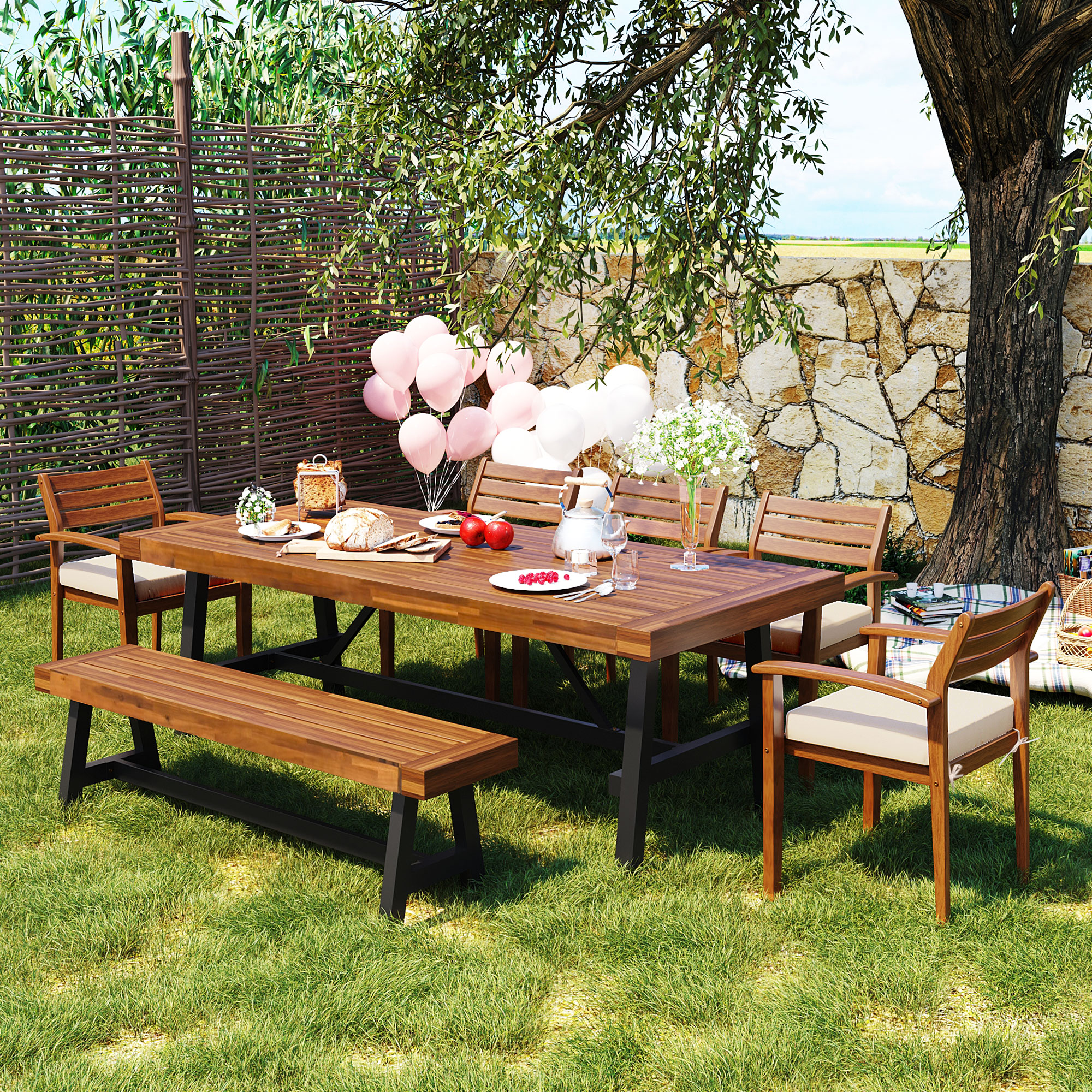 ModernLuxe L-FG201230AAA 6 -Piece Acacia Wood Patio Dining Set Wood Rectangle Table with 4 Off-white Cushions Stationary Chairs
