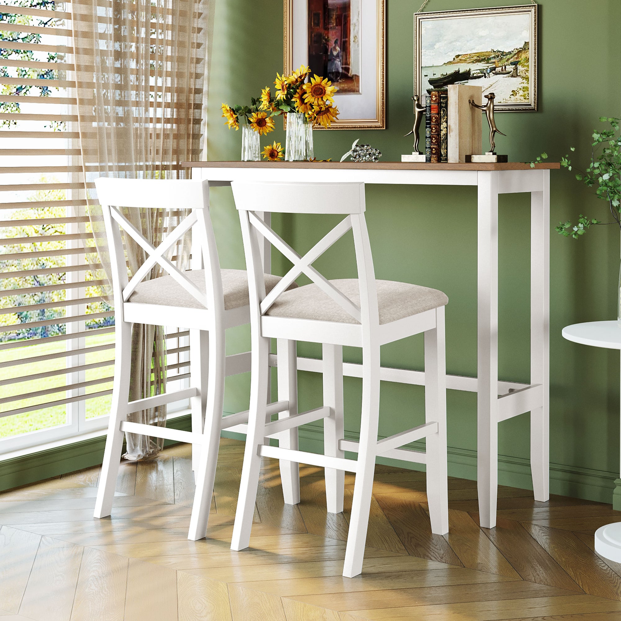 ModernLuxe L3P-N717P334716B Farmhouse 48InchRectangular Wood Bar Height Dining Set Kitchen Breakfast Nook with 2 Chairs for Small PlacesBrownWhiteBeige