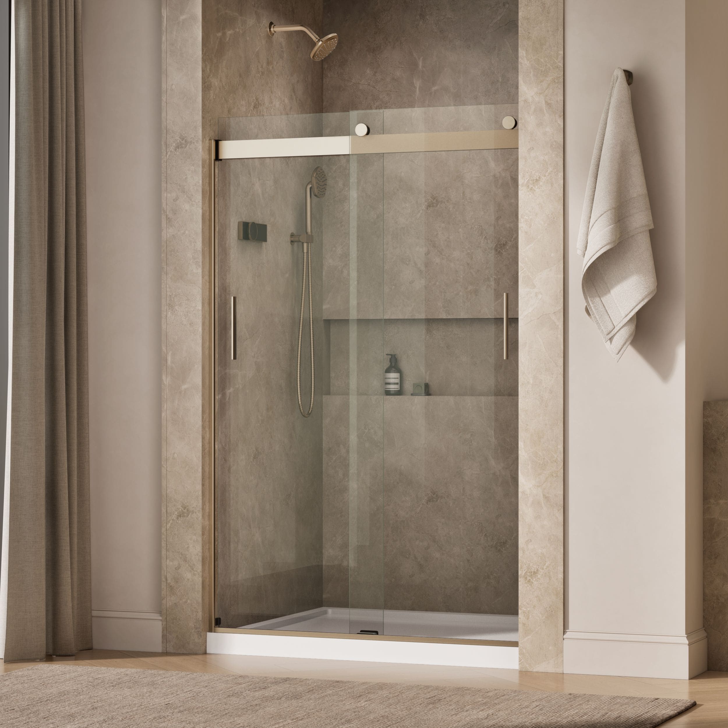 KOHLER Levity Anodized Brushed Bronze 43-in to 48-in W x 74-in H Frameless Clear Glass Sliding Shower door