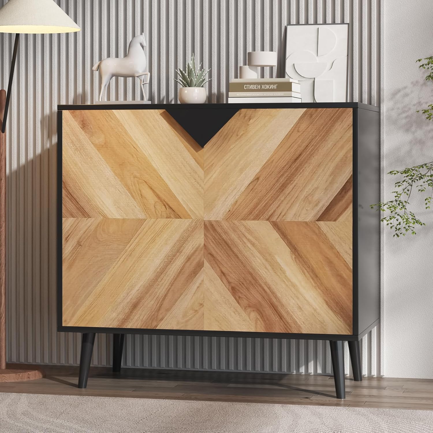 Qeetex AWEPHK33M4PVCD 31 Point 5 Inch Storage Cabinet with Shelf and Doors Heavy Duty Woodgrain Finish for Dining Room Living Room and Entryway Walnut Grain