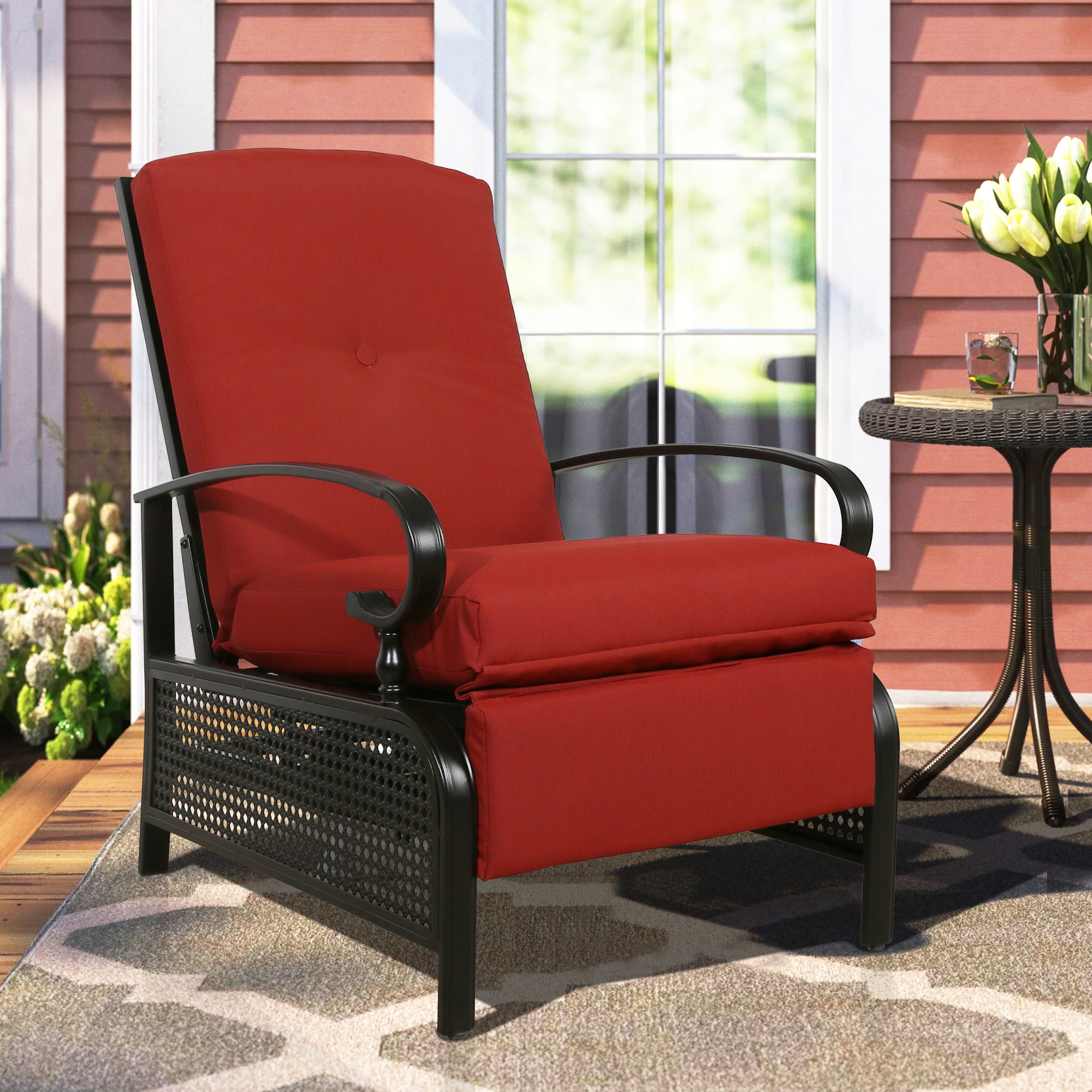 Recliner Chair Wicker Black Metal Frame Stationary Recliner Chair(s) with Red Olefin Cushioned Seat | - PEAK HOME FURNISHINGS 970147R