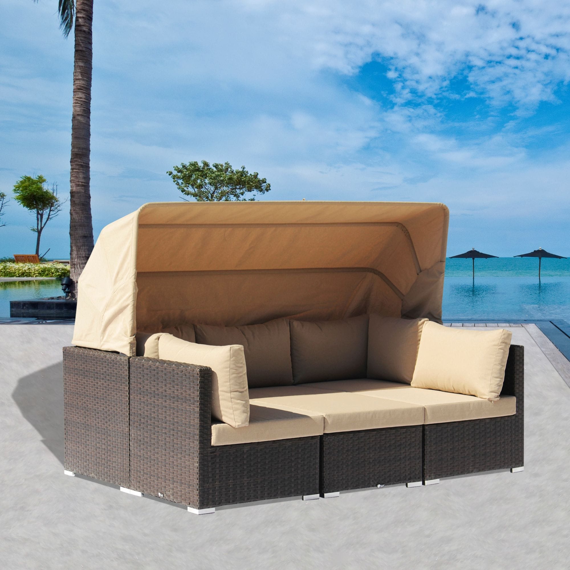 Courtyard Casual Aurora Rattan Outdoor Daybed with Brown Cushion(S) and ...