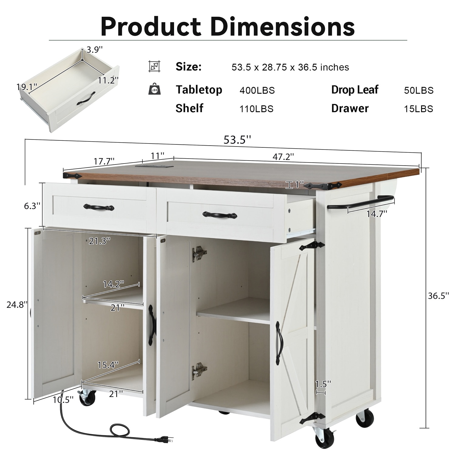 SINOFURN White Mdf Base with Mdf Top Rolling Kitchen Cart (17.7-in x 53.5-in x 36.5-in)